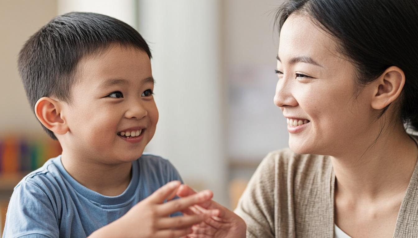happy toddler interacting with daycare caregiver