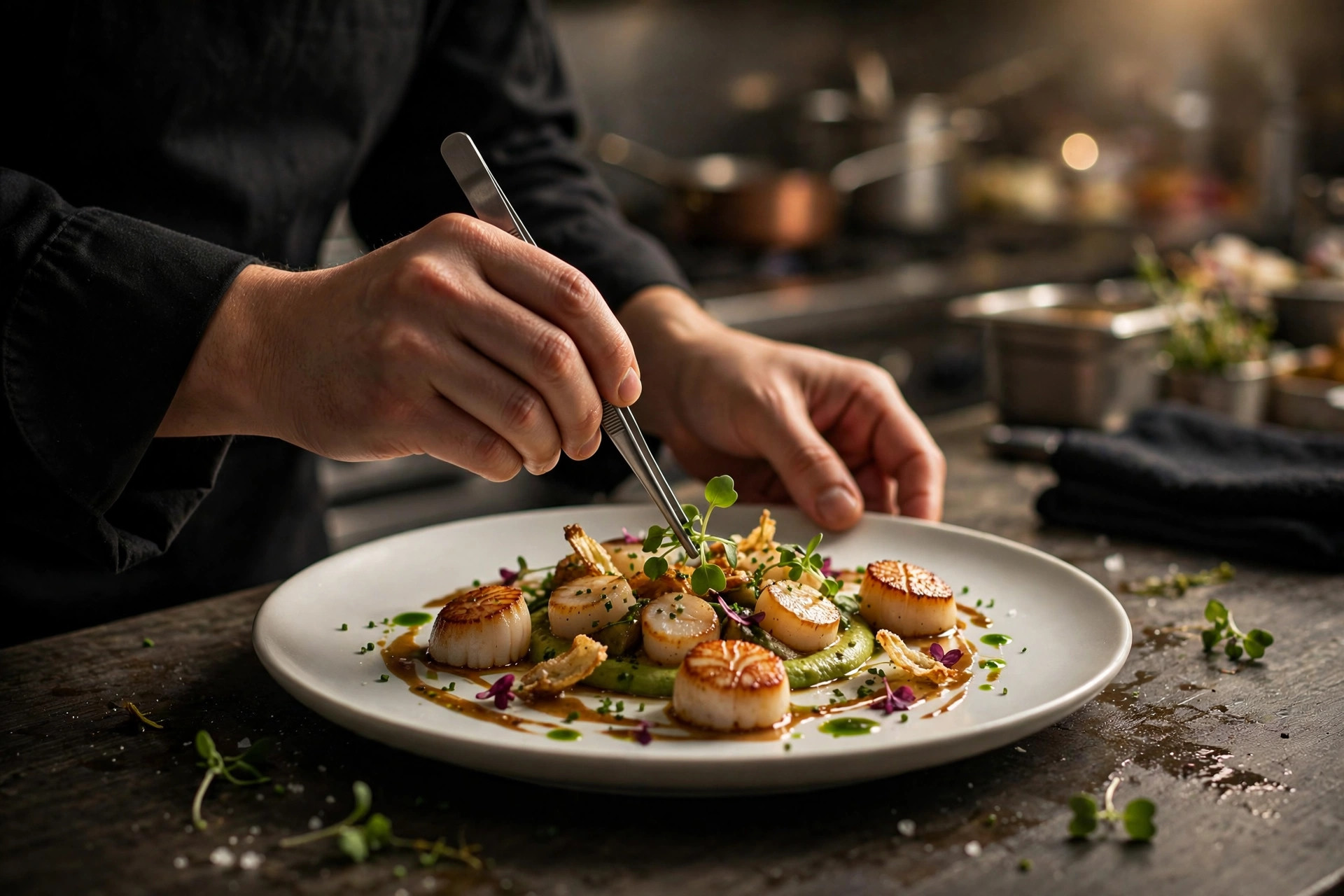 Chef plating a dish for professional restaurant food photography