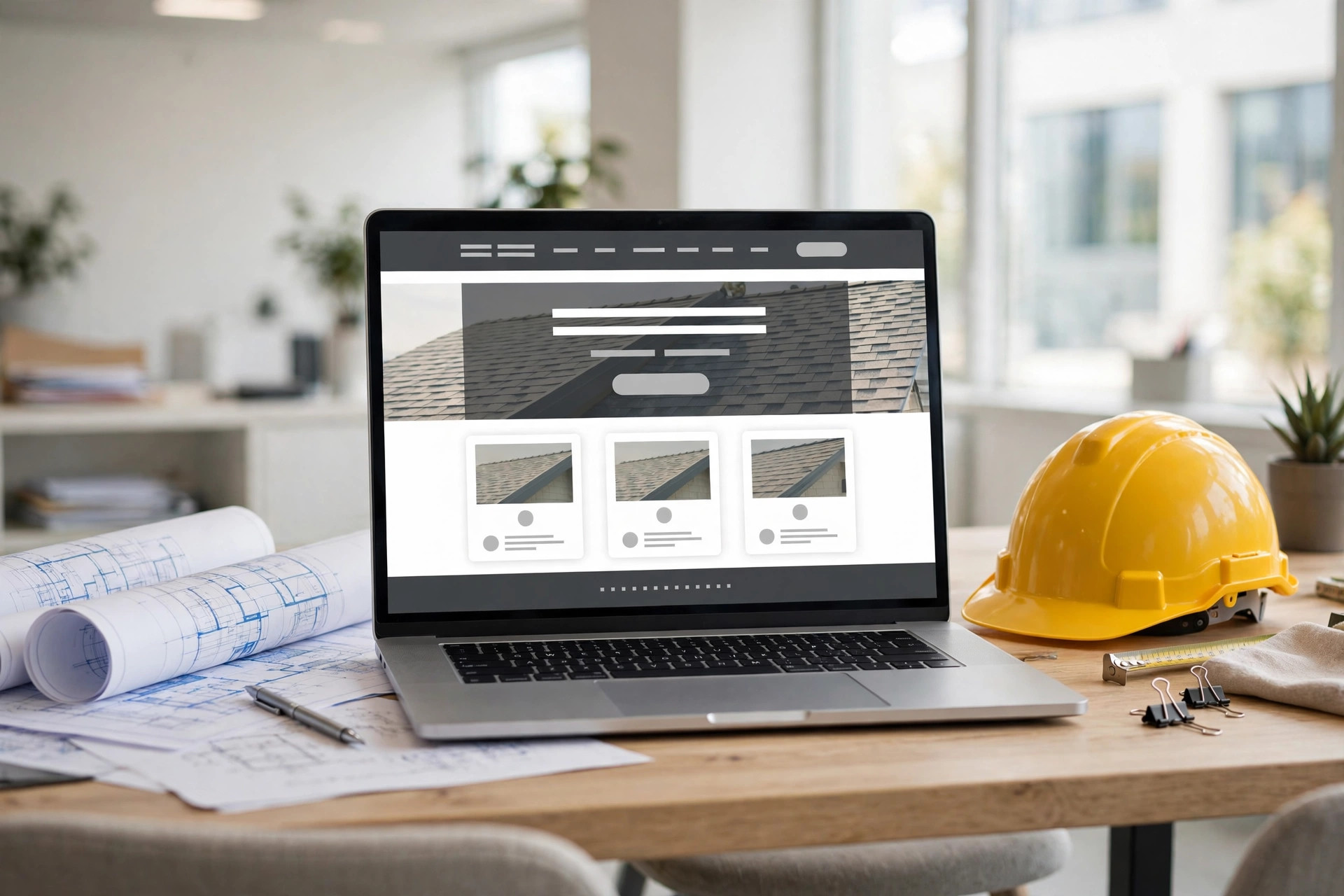 Laptop screen showing a roofing website design proposal and pricing