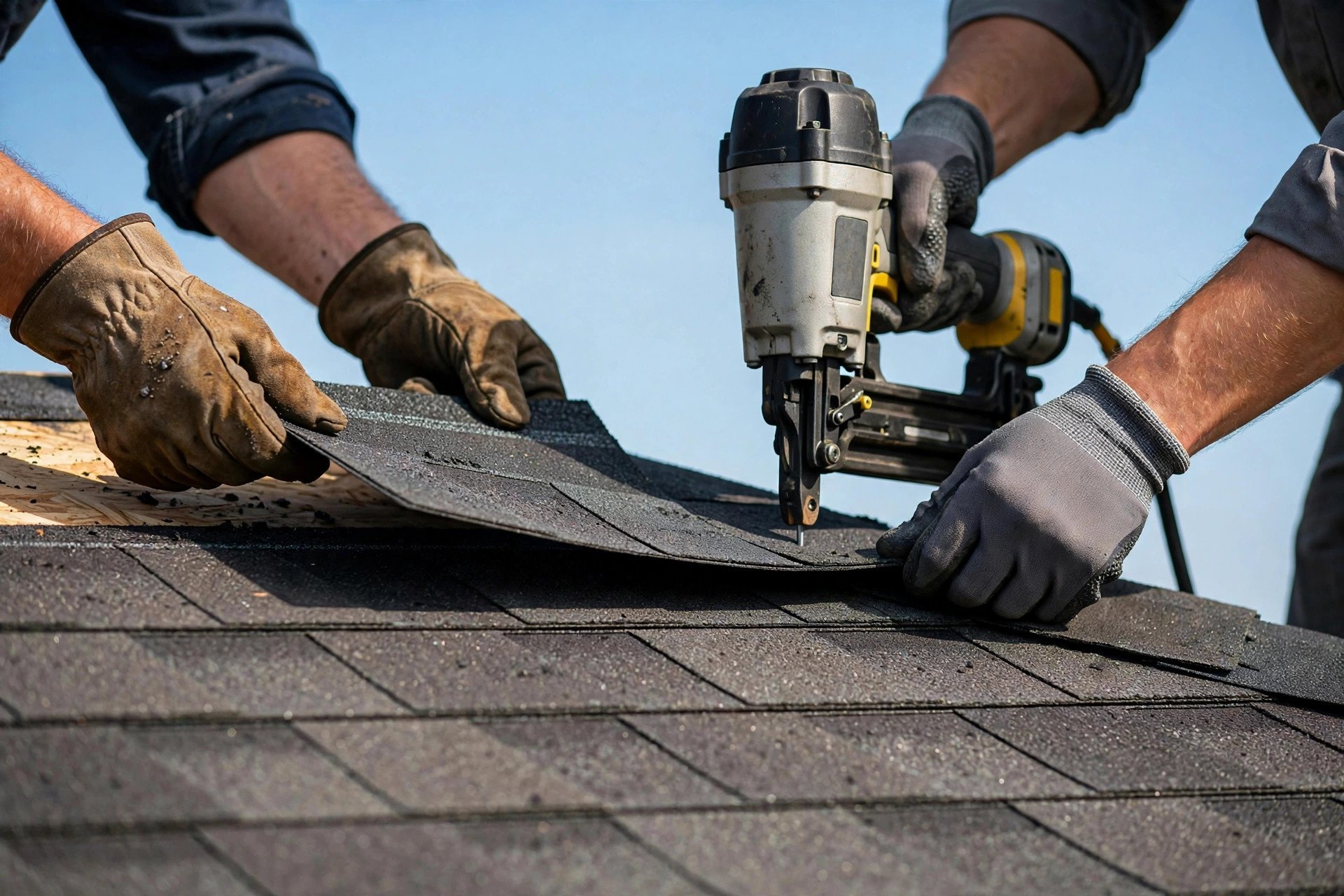 Roofing crew installing new shingles on a residential roof