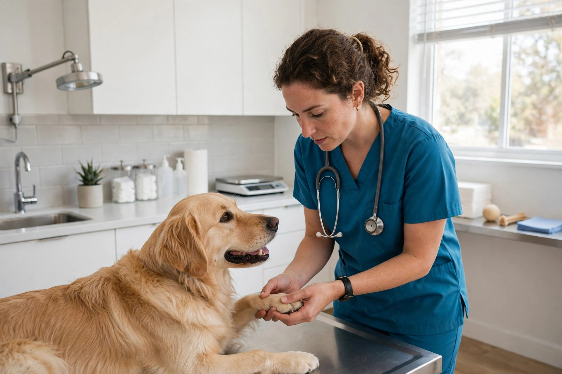 Veterinarian examining a dog in a bright clinic exam room