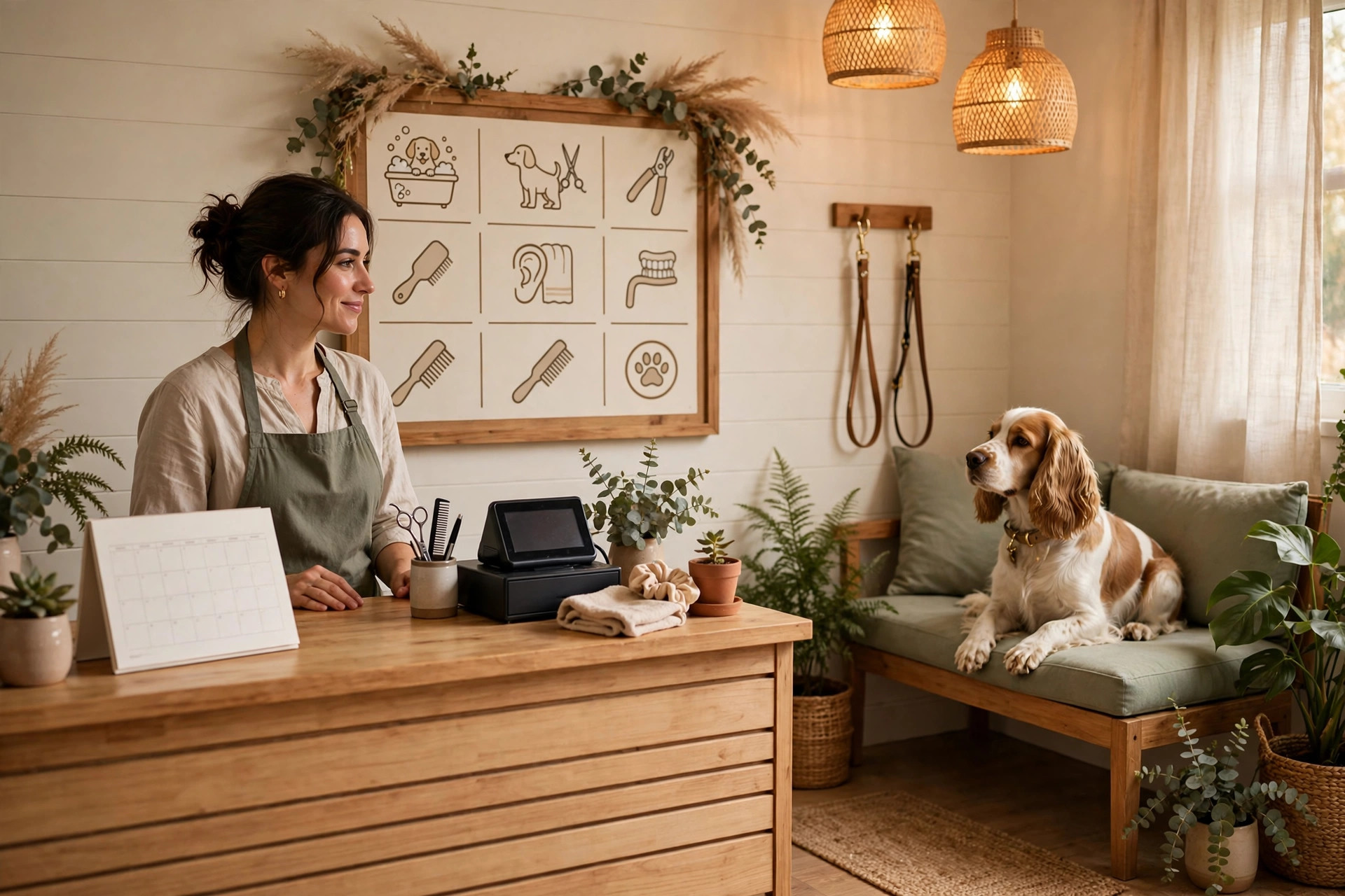 How Much Does a Pet Grooming Website Cost? Friendly grooming salon reception area with appointment book and waiting dog