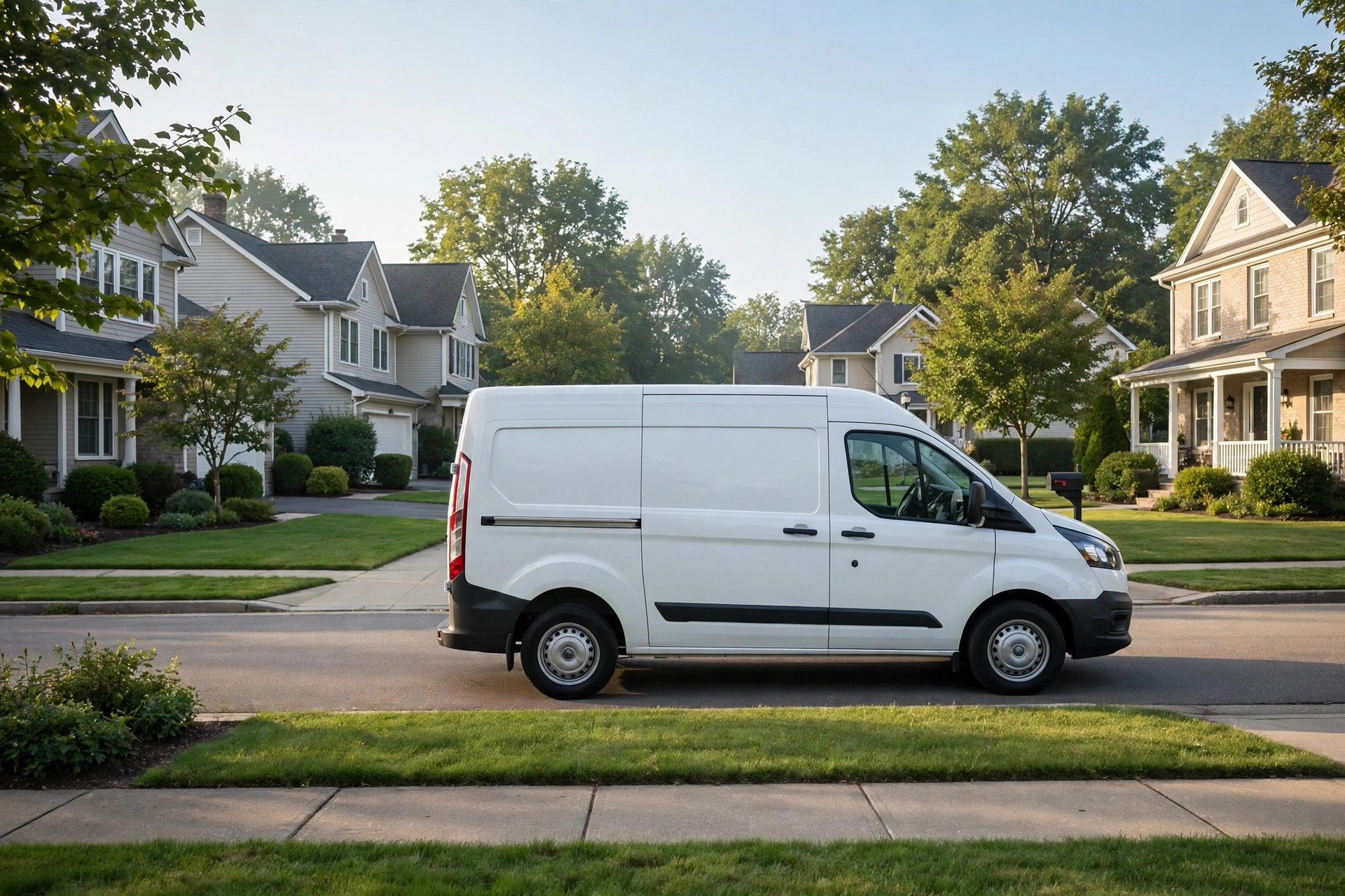 Cleaning company van parked on a suburban street in a service area neighborhood