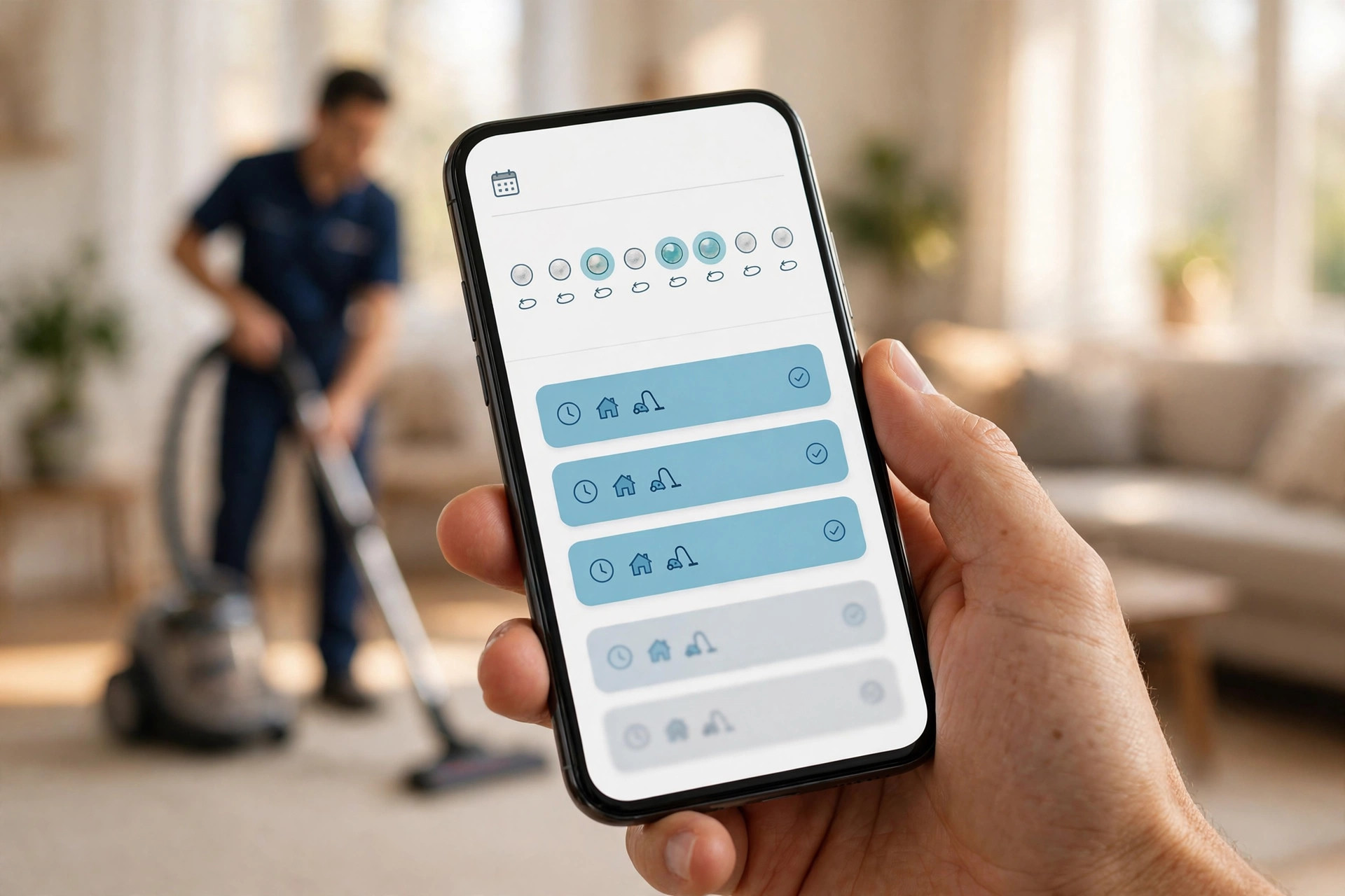 Hand holding a phone with a recurring cleaning booking schedule while a cleaner works behind