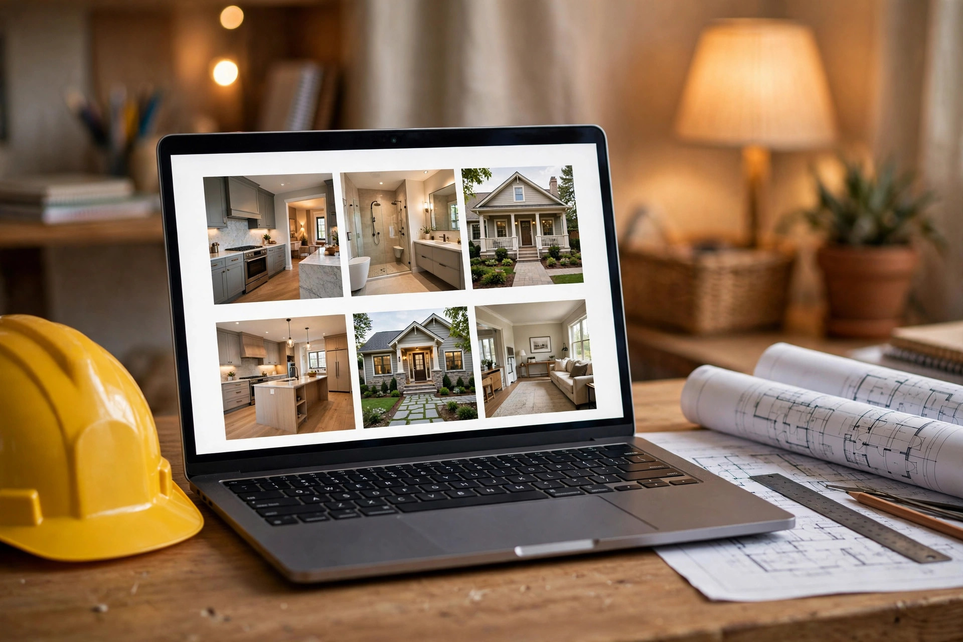 Laptop showing a contractor company website with a photo portfolio of renovation projects