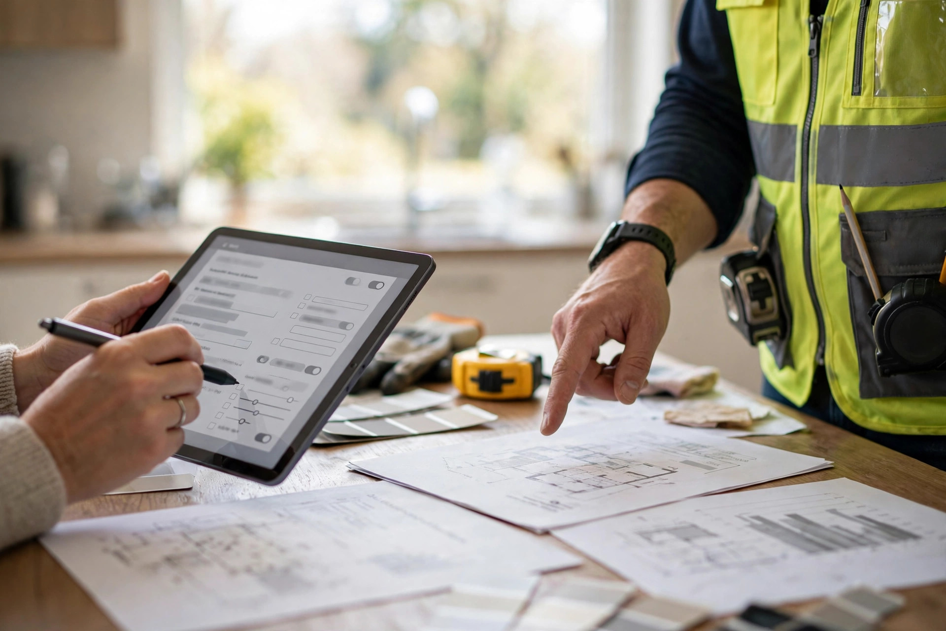 Homeowner filling out a quote request form on a tablet with a contractor beside them