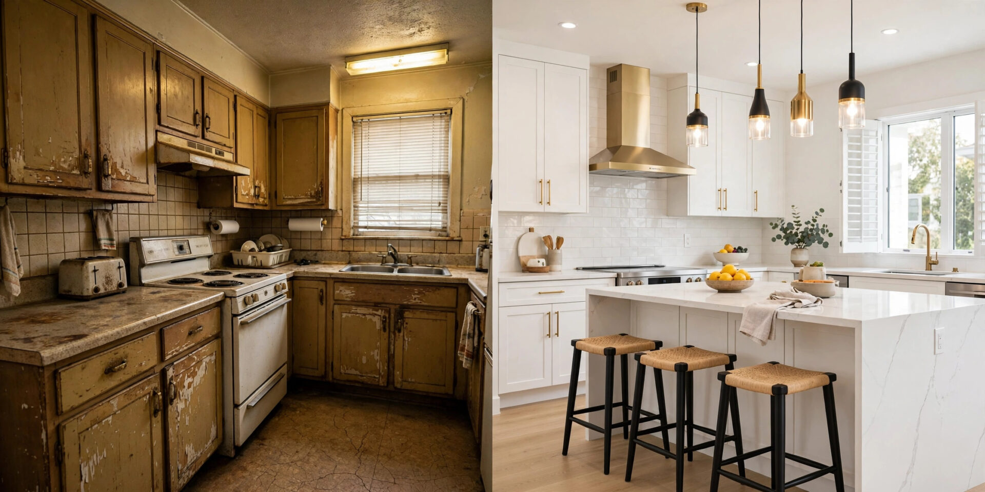 Before and after split view of a kitchen renovation project