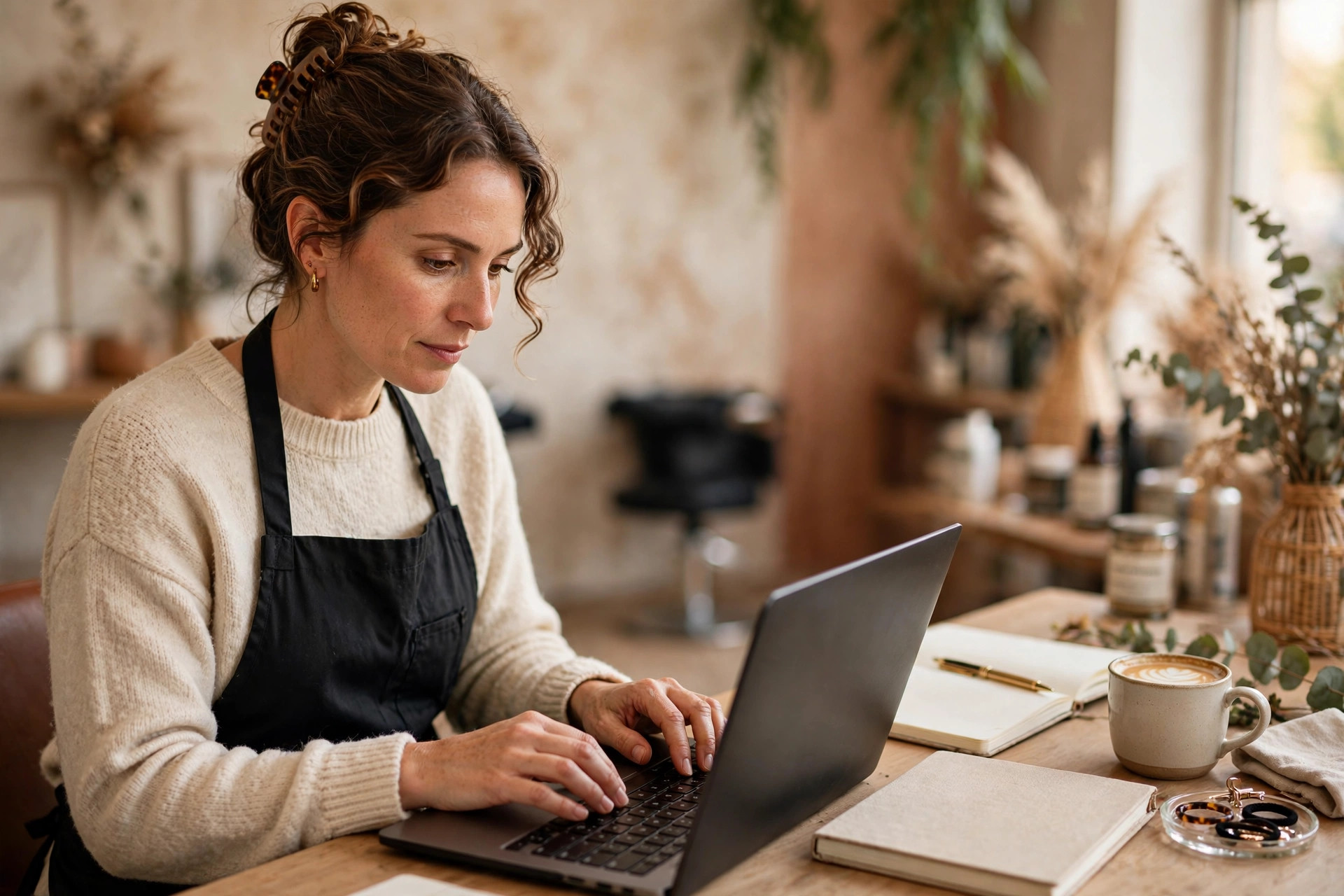 Salon owner typing on a laptop while working on salon website SEO