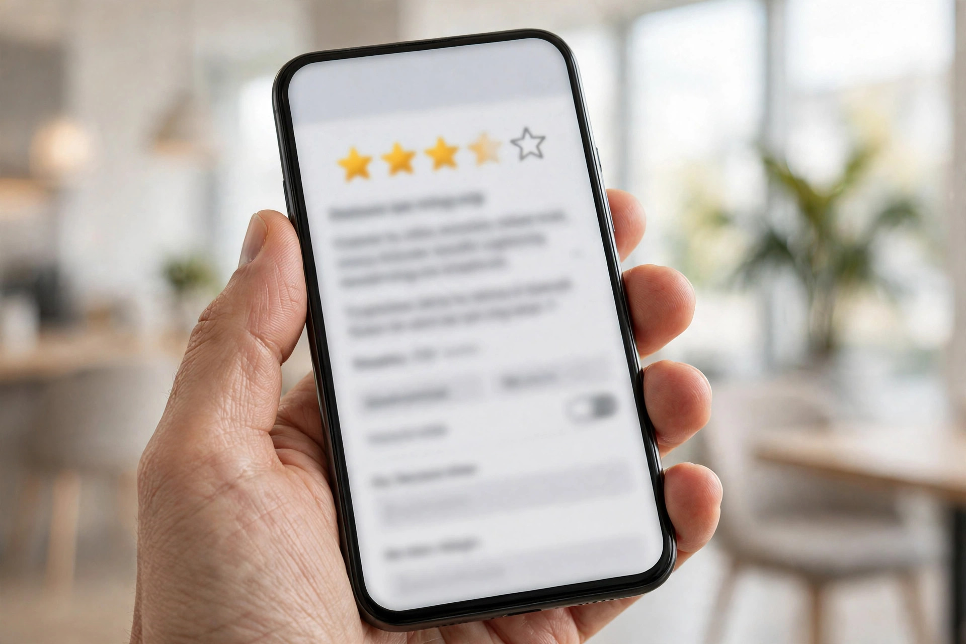 Smartphone showing Google star ratings and patient reviews on screen