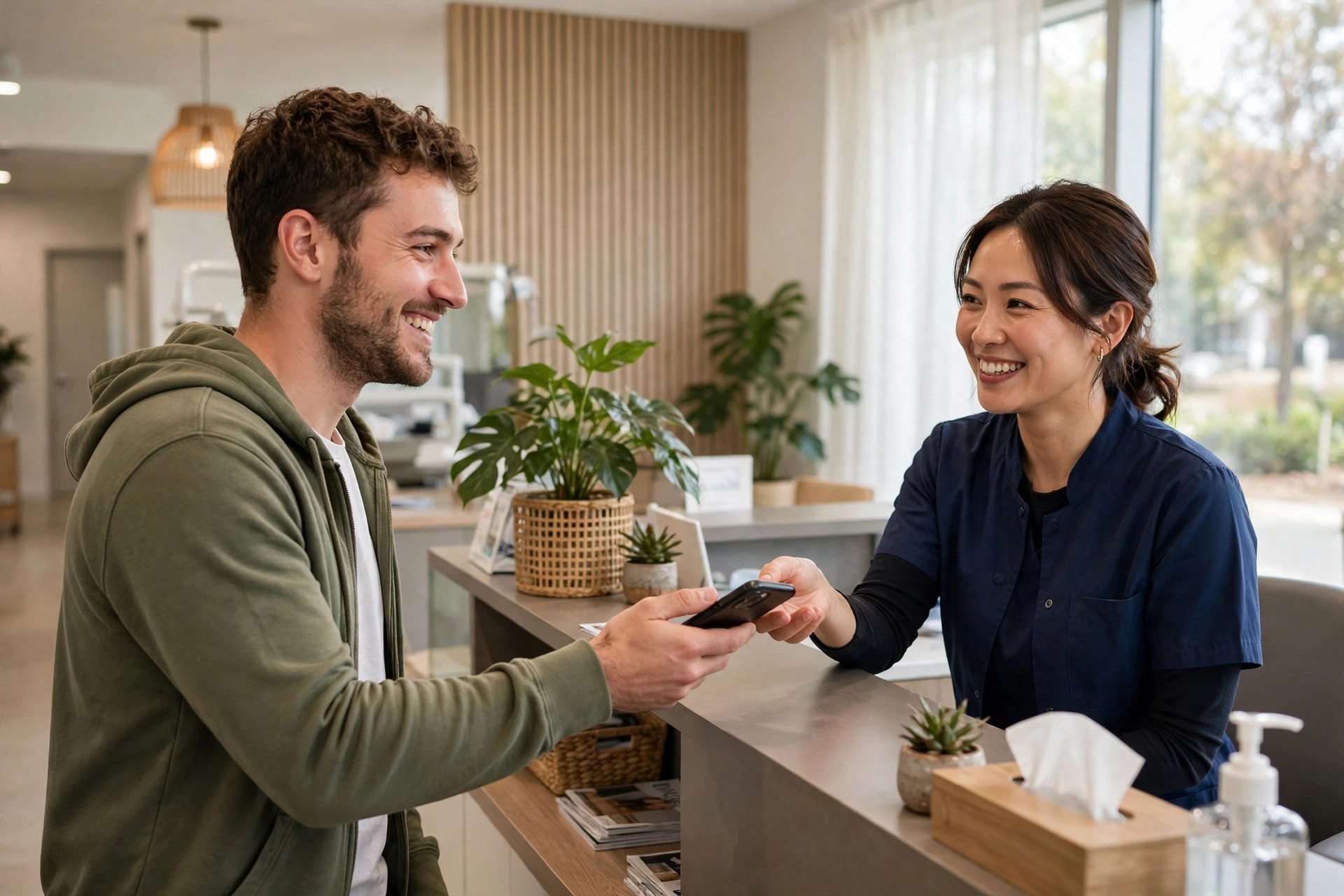 Happy dental patient handing a phone to the receptionist after a visit