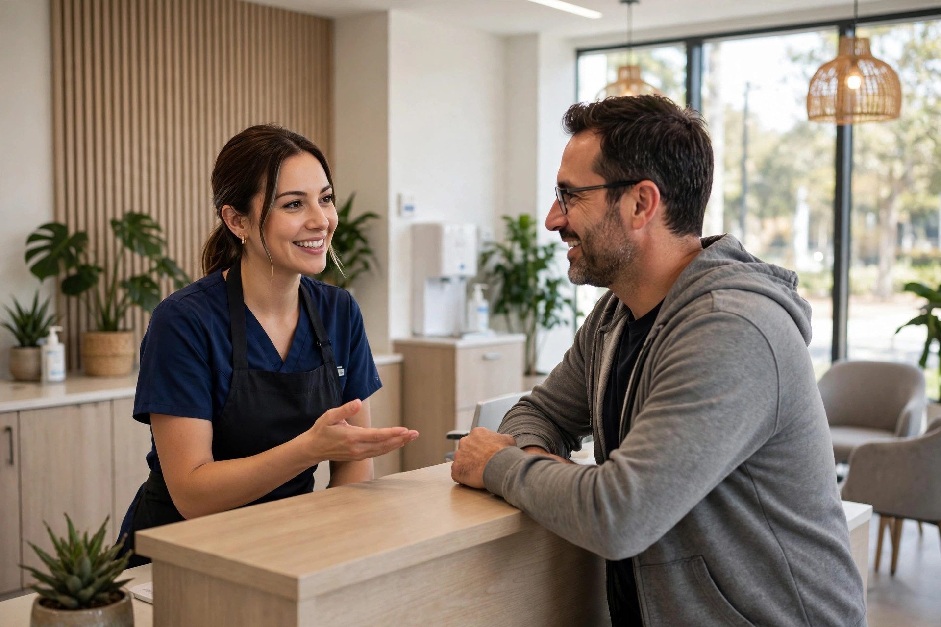 Dental receptionist talking warmly with a patient at the front desk