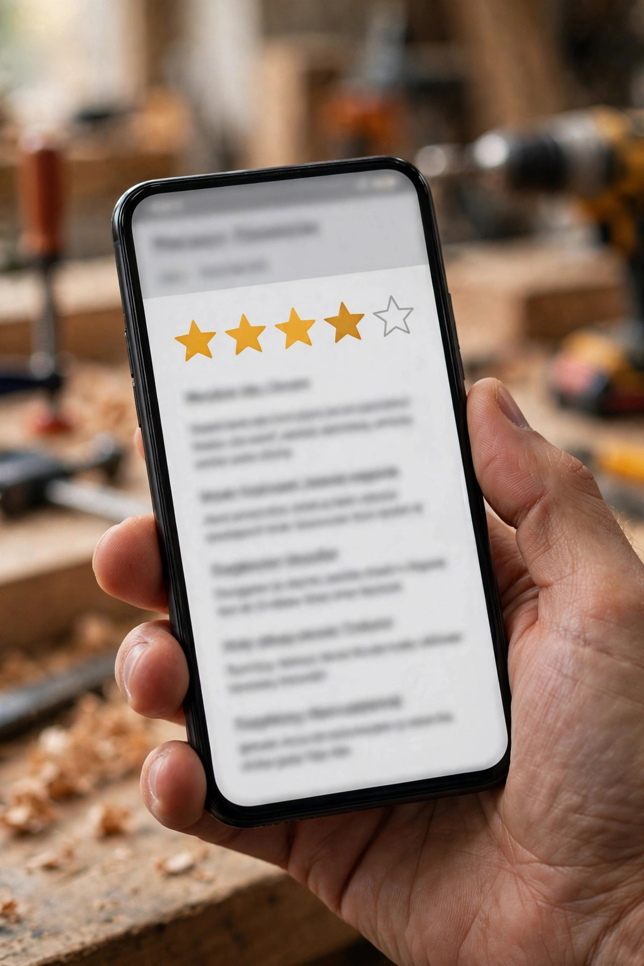 Smartphone showing Google star ratings and customer reviews on screen