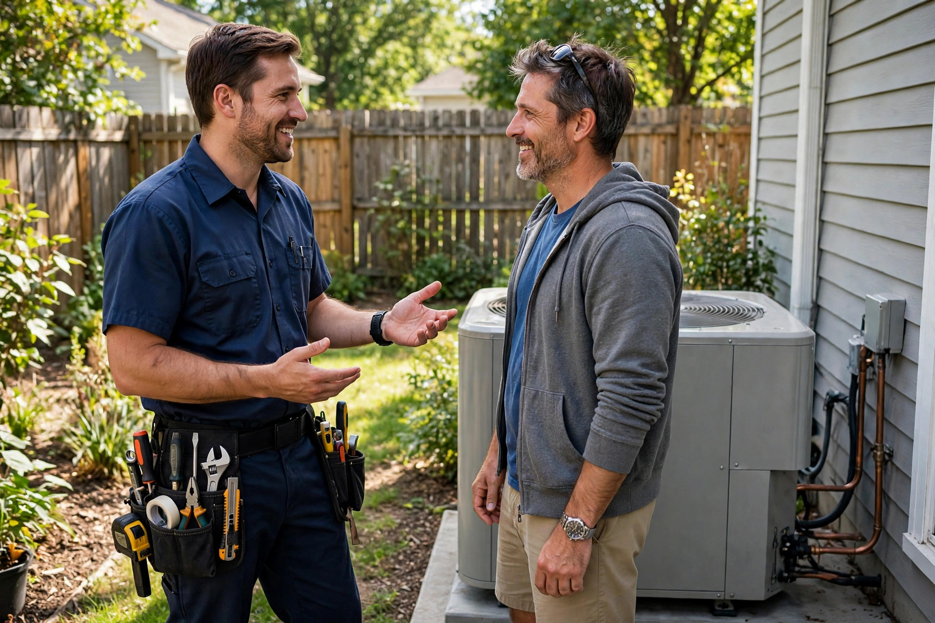HVAC technician talking with a homeowner after completing a repair