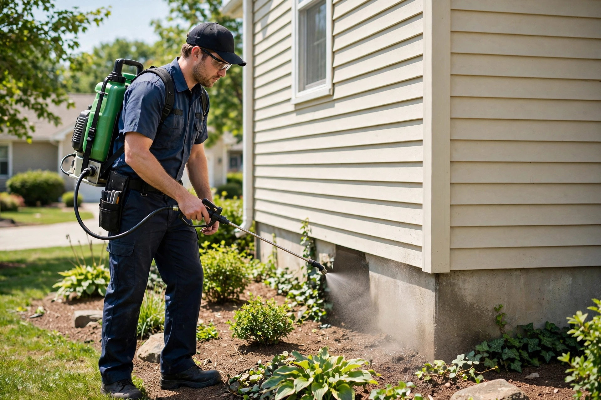 AI Chatbot for Pest Control Companies: What It Should Do on Your Website Pest control technician treating the exterior of a home with a backpack sprayer on a sunny day