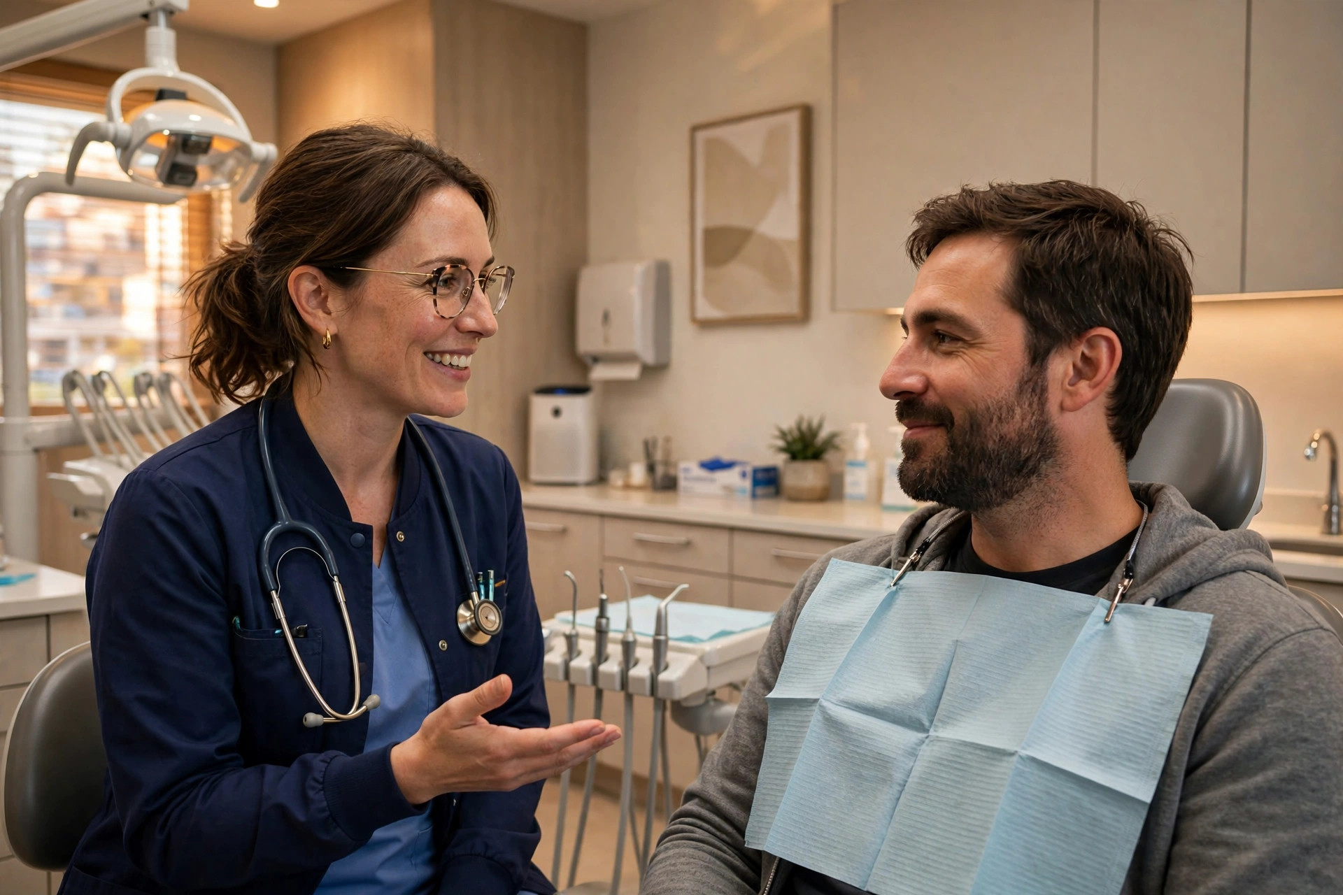 Dental Facebook Ads Cost: What Dentists Actually Pay Dentist talking with a patient in a modern dental treatment room