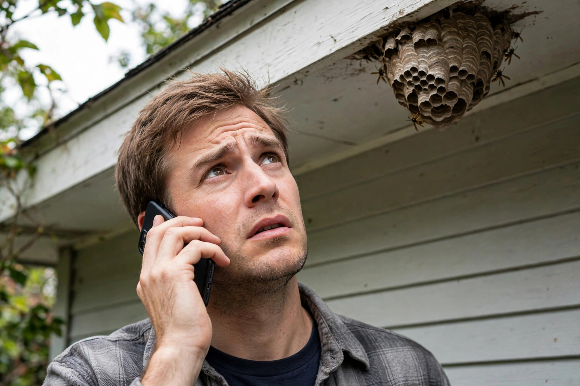 AI Chatbot for Pest Control Companies: What It Should Do on Your Website Worried homeowner on the phone looking at a wasp nest under the roof eaves