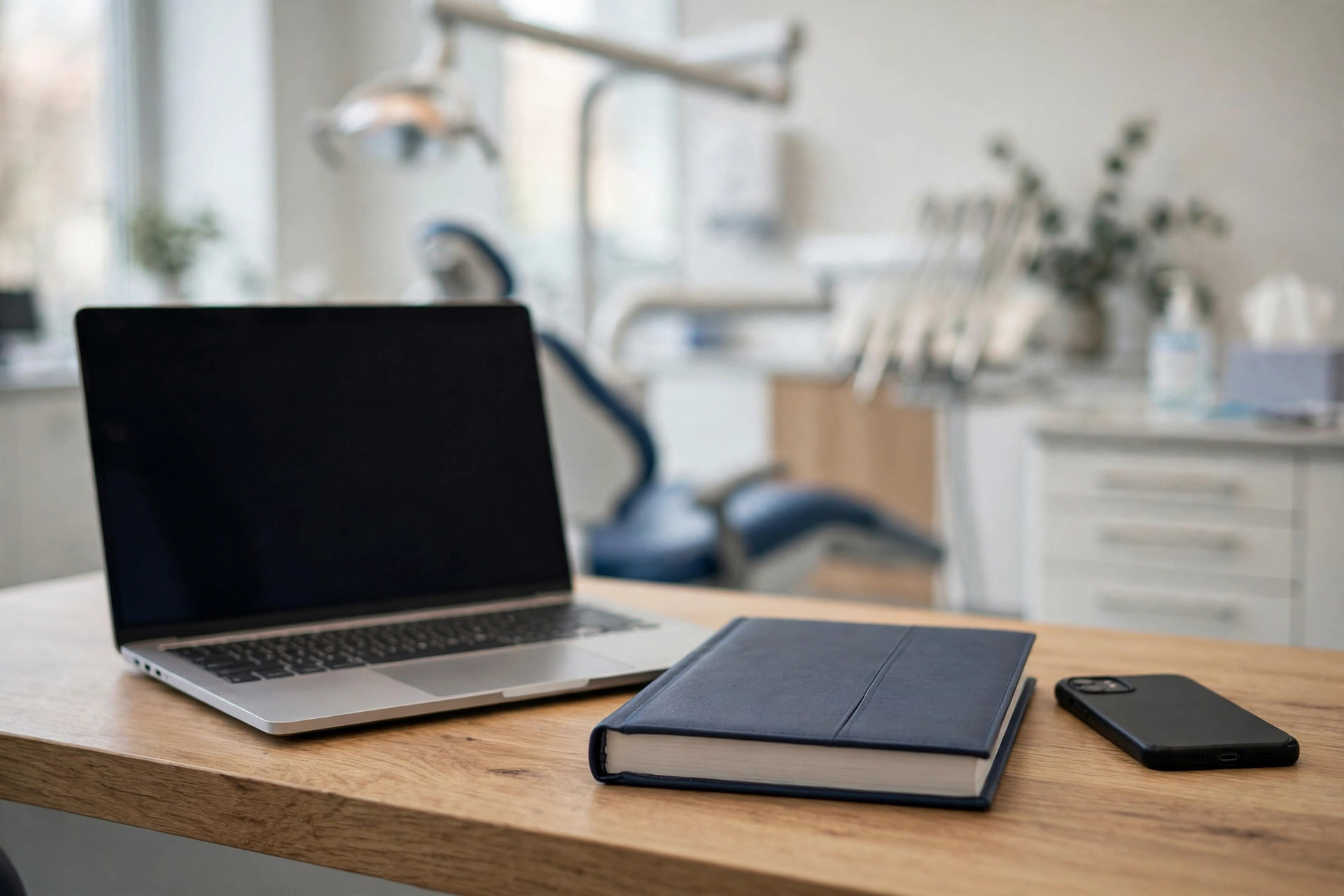 Laptop with dental appointment book and phone on a desk in a modern dental office