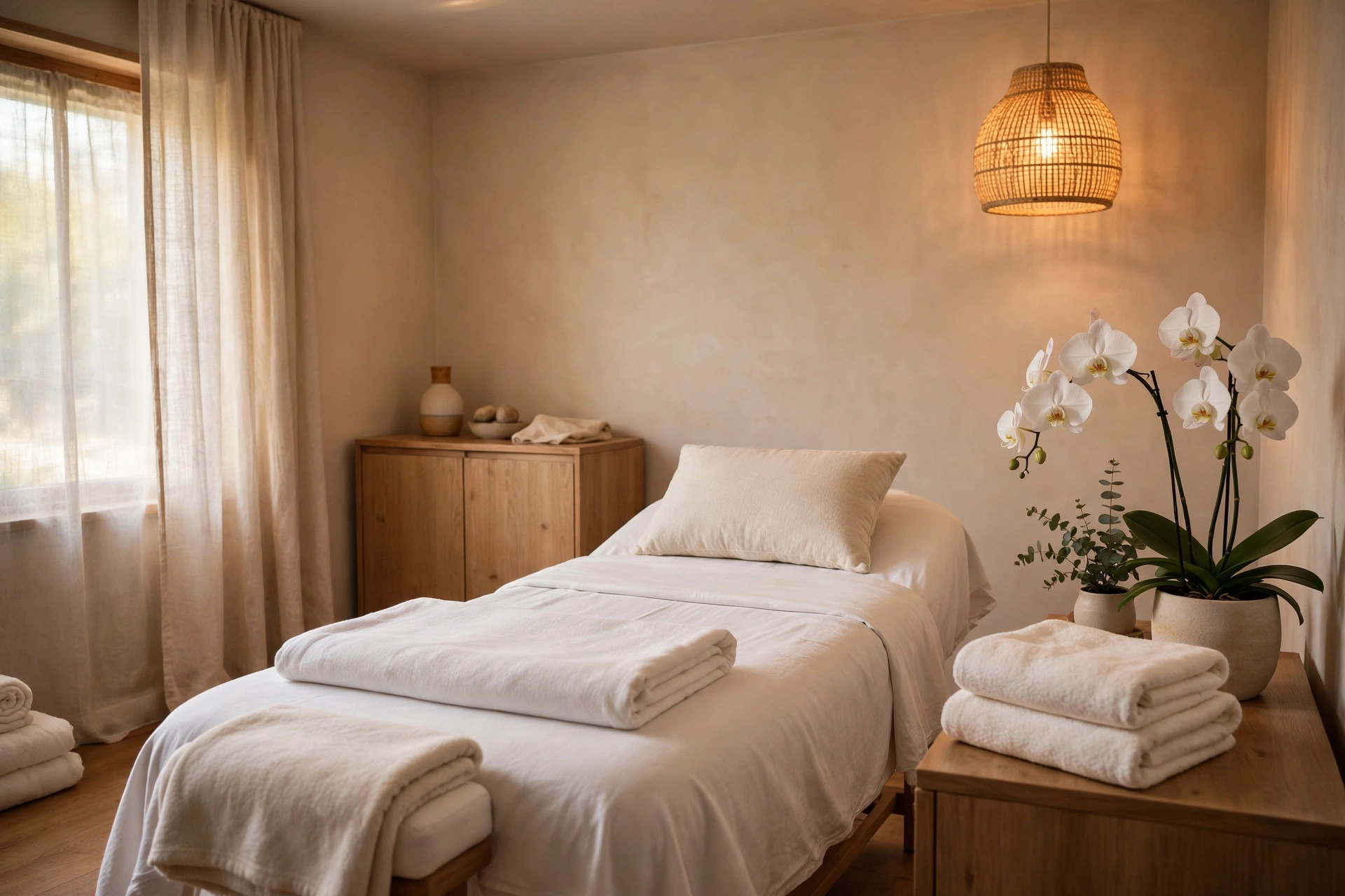 Calm med spa treatment room with a treatment bed, soft lighting, and folded towels
