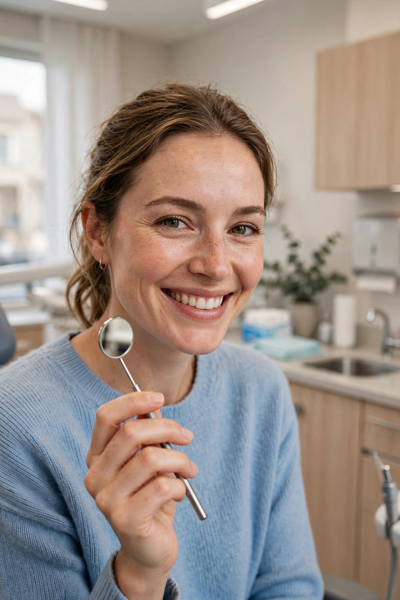 Smiling woman holding a dental mirror after treatment in a bright clinic