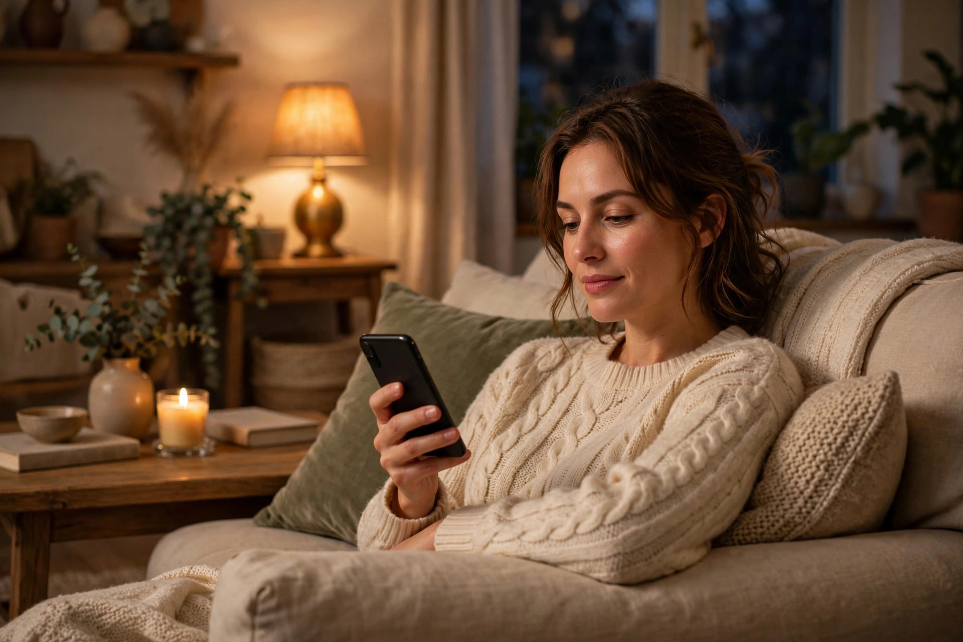 Woman browsing her phone on a sofa at home in the evening