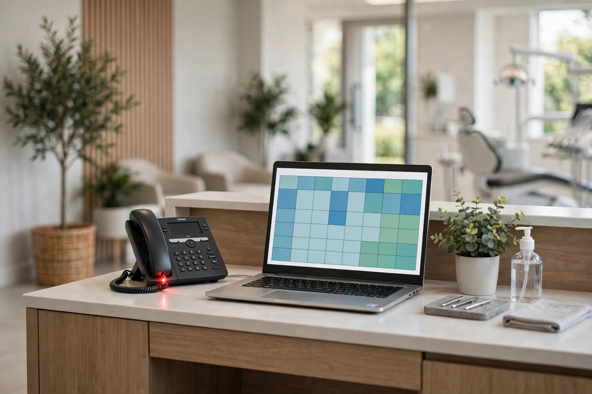 Dental office reception desk with ringing phone and scheduling software on screen