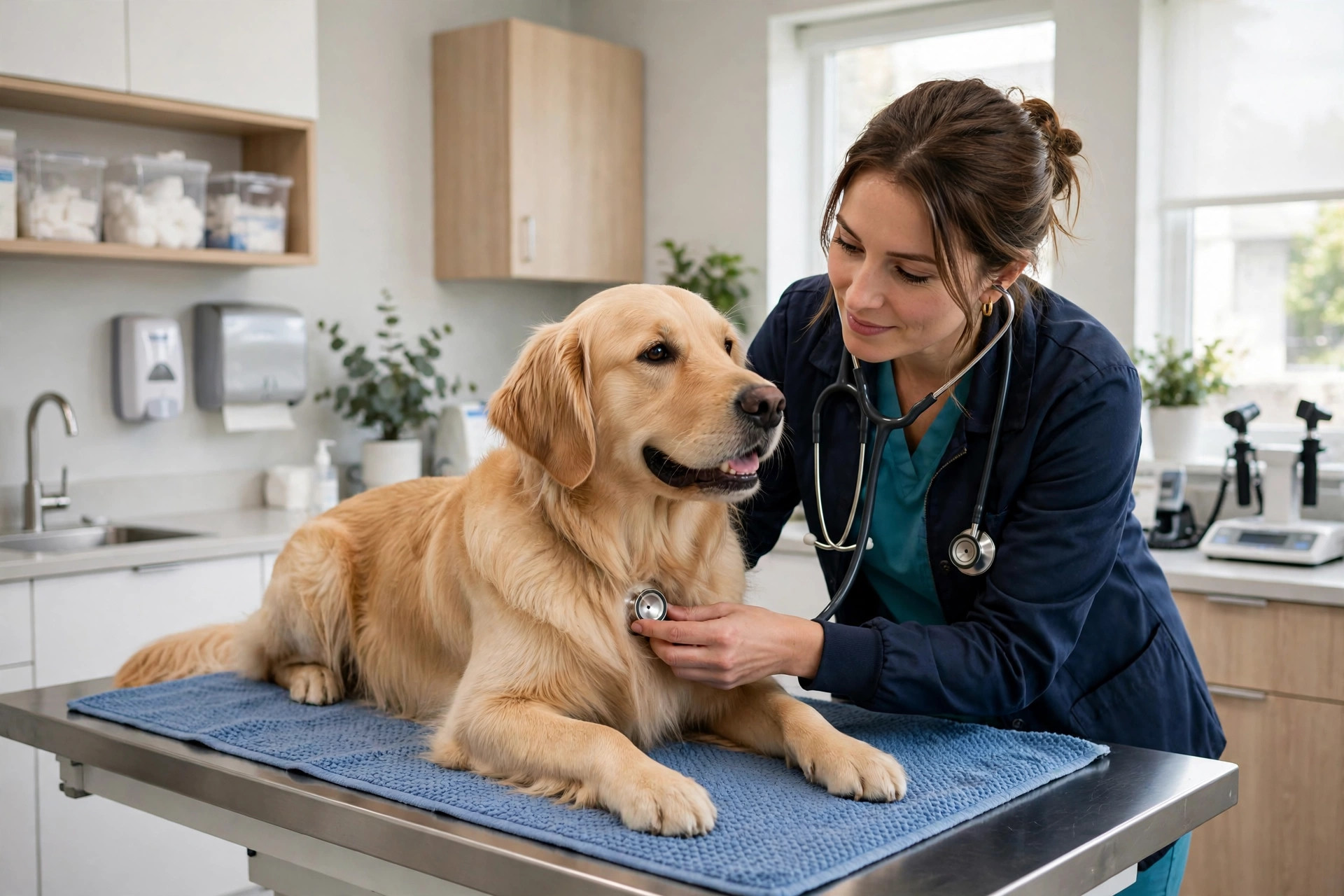 Veterinarian examining a golden retriever on an exam table