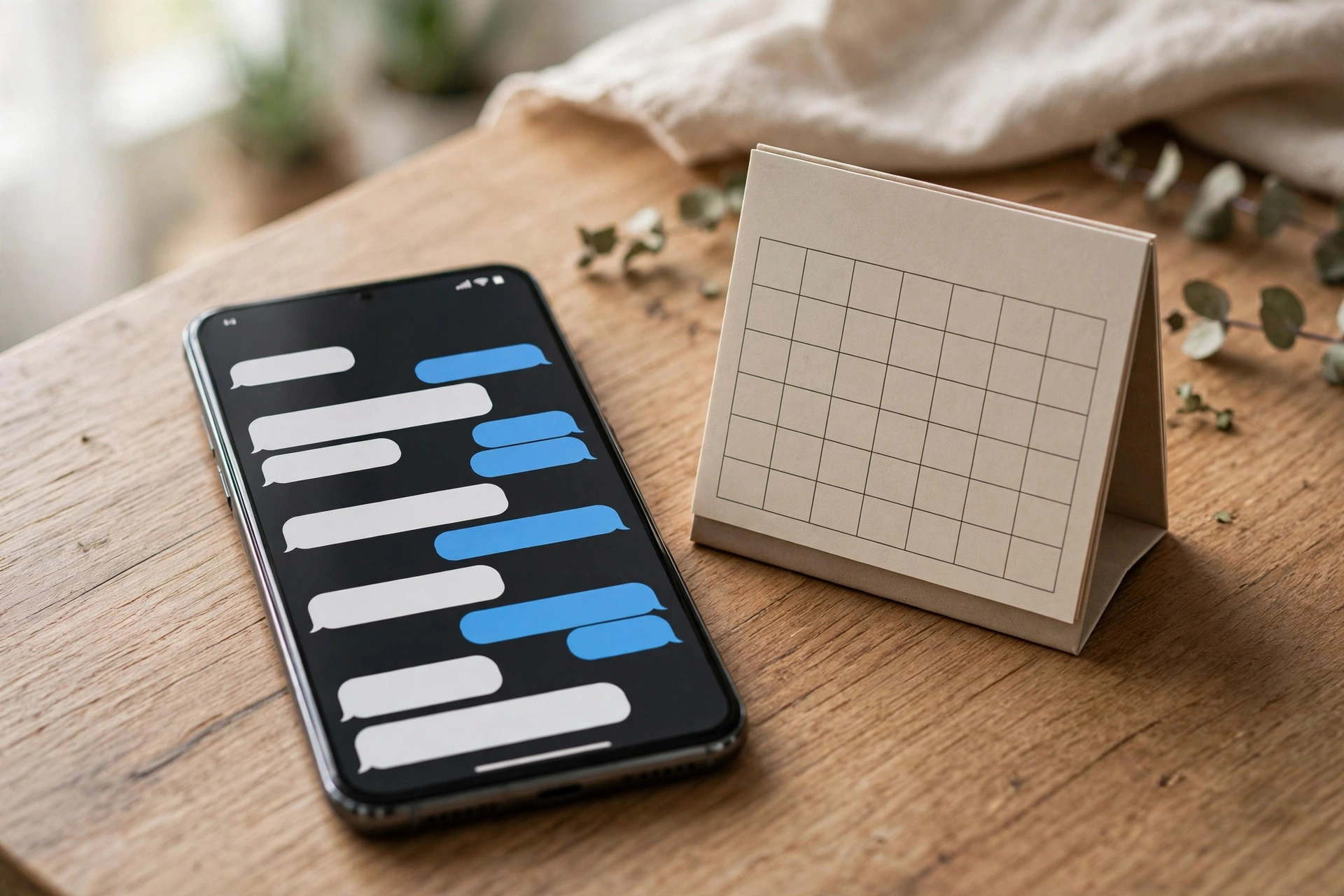 Smartphone with text messages on a desk next to a dental appointment calendar