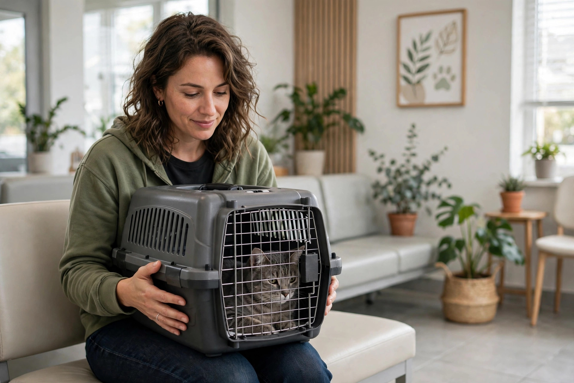 Pet owner holding a cat in a bright veterinary clinic waiting area