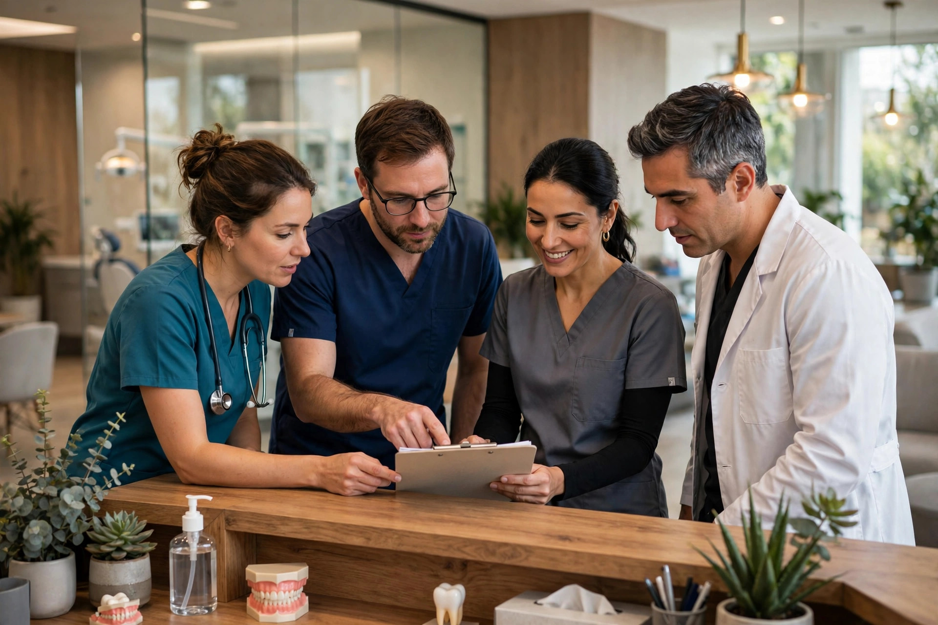 Dental team reviewing the day schedule together at the front desk