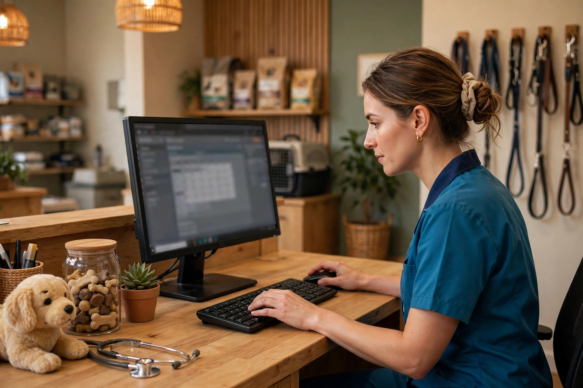 Veterinary receptionist scheduling appointments on a computer at the front desk