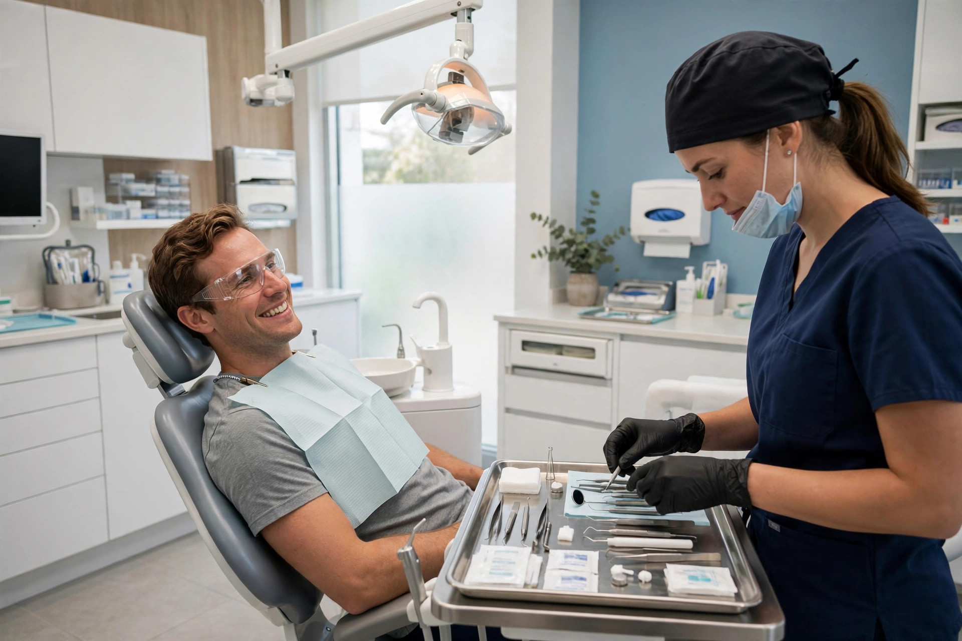 Patient smiling in a dental chair while the assistant prepares instruments