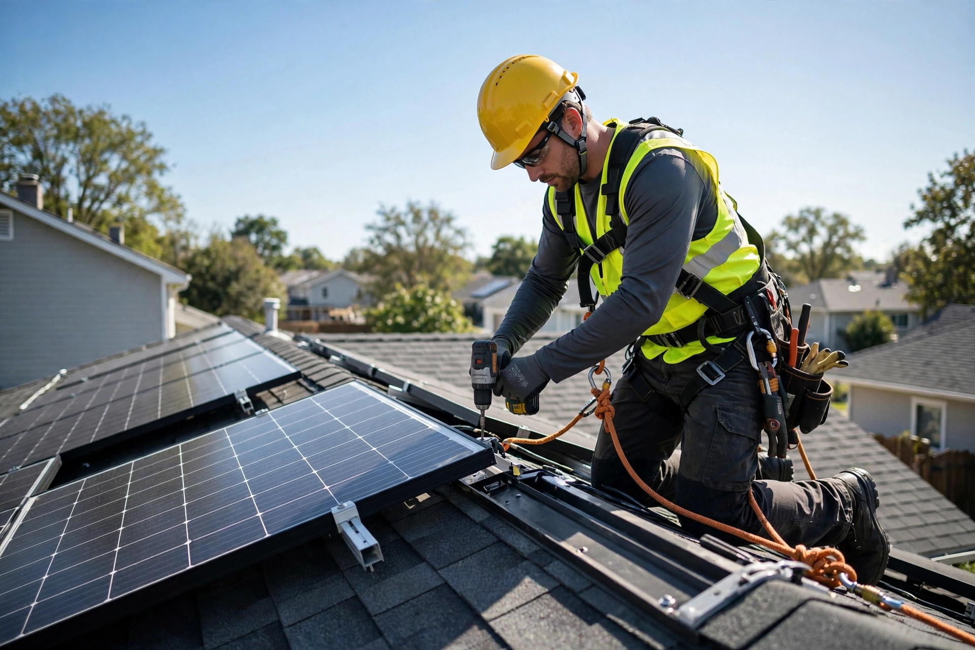 AI Chatbot for Solar Companies: Turning Website Visitors Into Site Surveys Solar installer in safety gear mounting panels on a residential roof