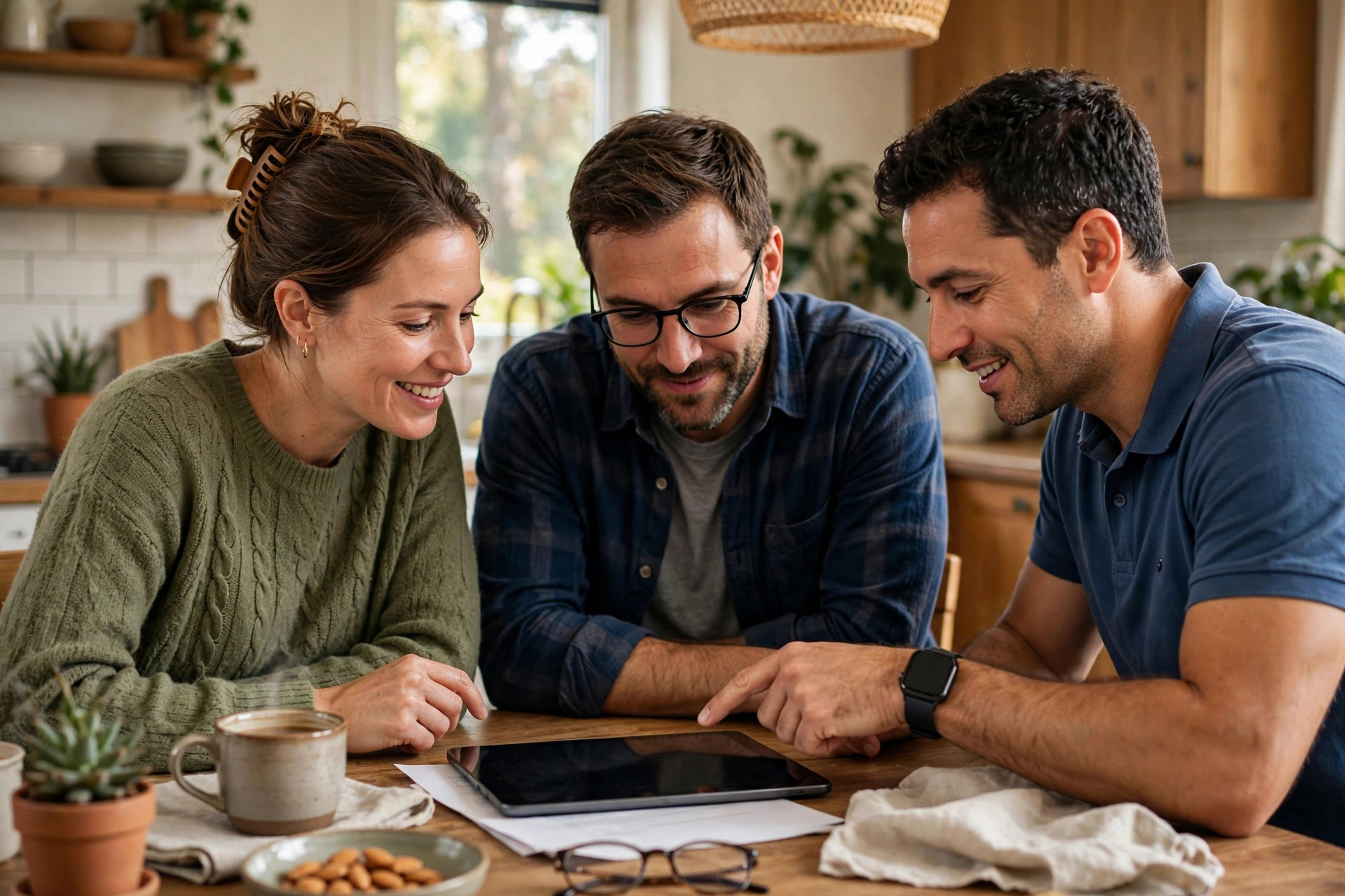 AI Chatbot for Solar Companies: Turning Website Visitors Into Site Surveys Homeowner couple reviewing an energy quote on a tablet with a solar consultant at their kitchen table