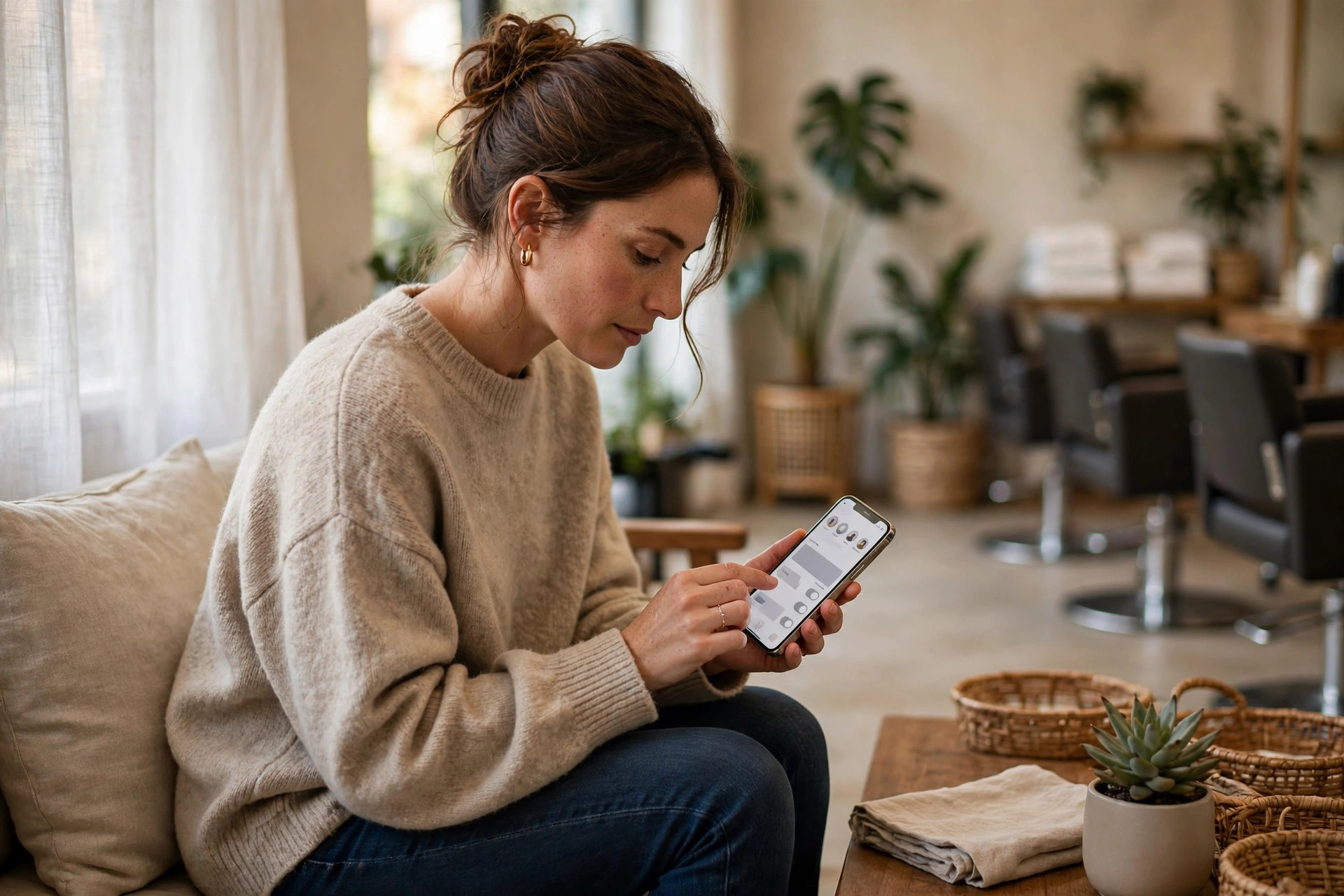 Best Online Booking Software for Salons: 5 Tools Compared Woman booking a salon appointment on her smartphone in a waiting area