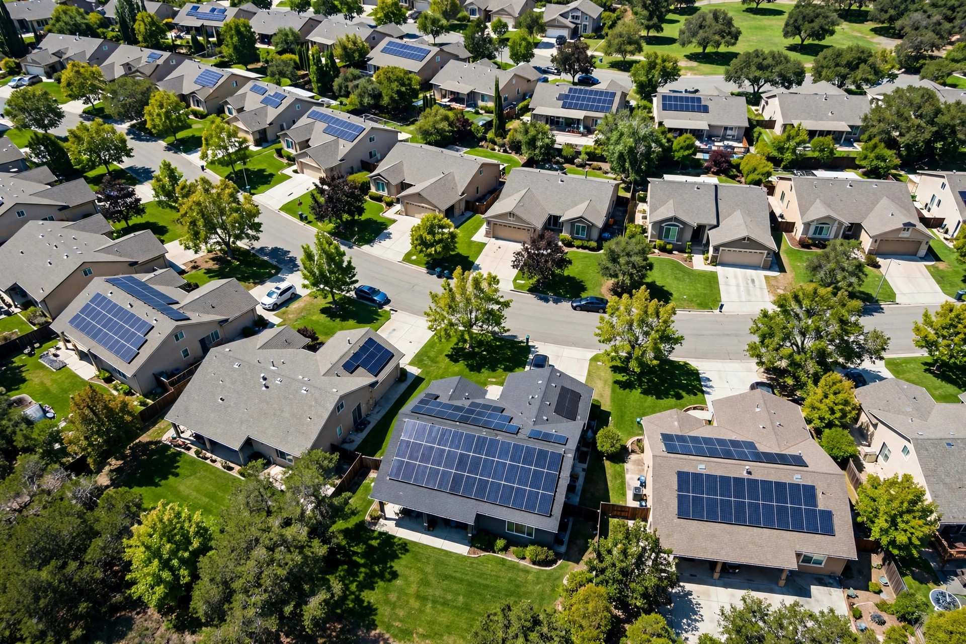 AI Chatbot for Solar Companies: Turning Website Visitors Into Site Surveys Aerial view of a suburban neighborhood with solar panels on several rooftops