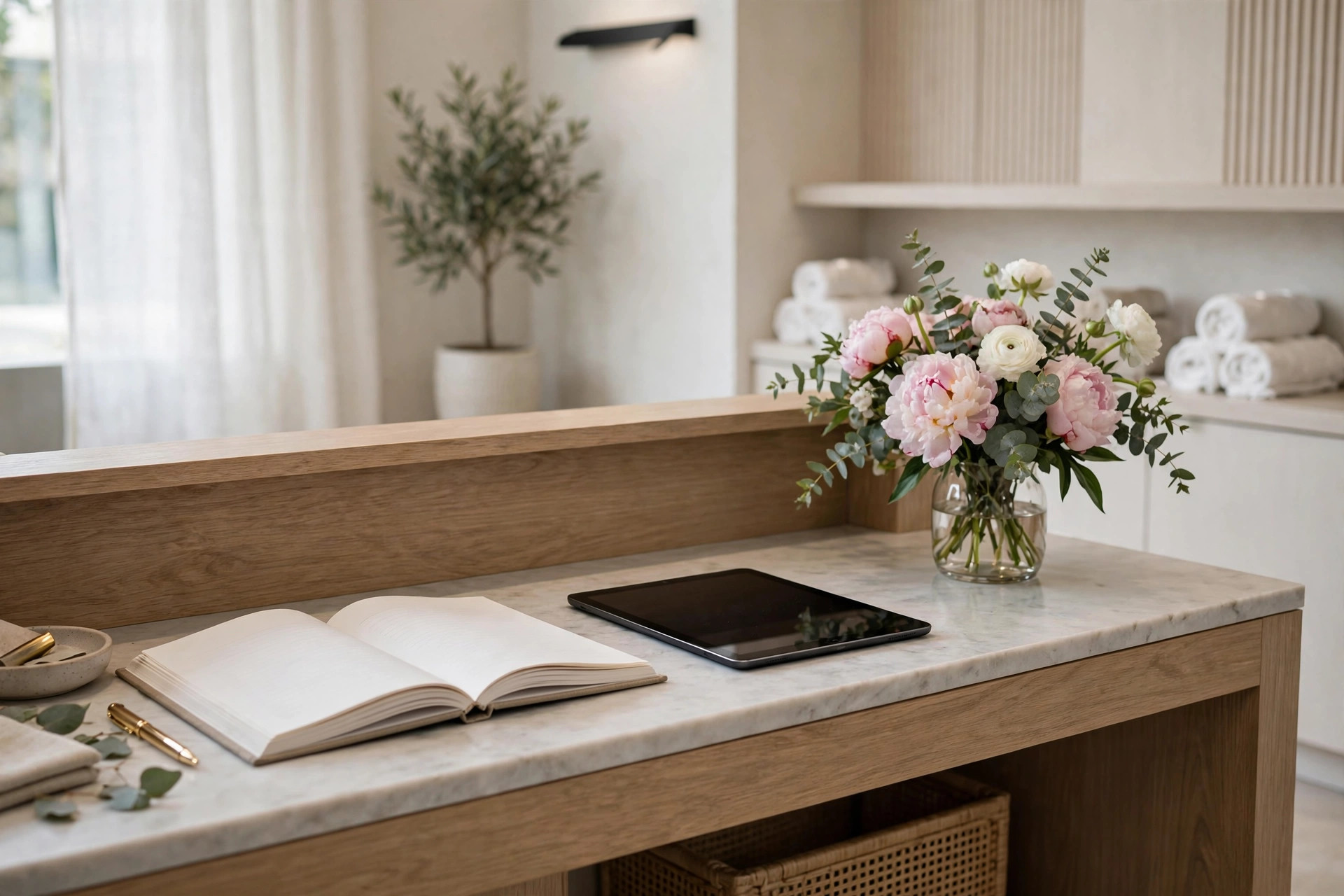 Best Online Booking Software for Salons: 5 Tools Compared Salon reception desk with tablet appointment book and flowers