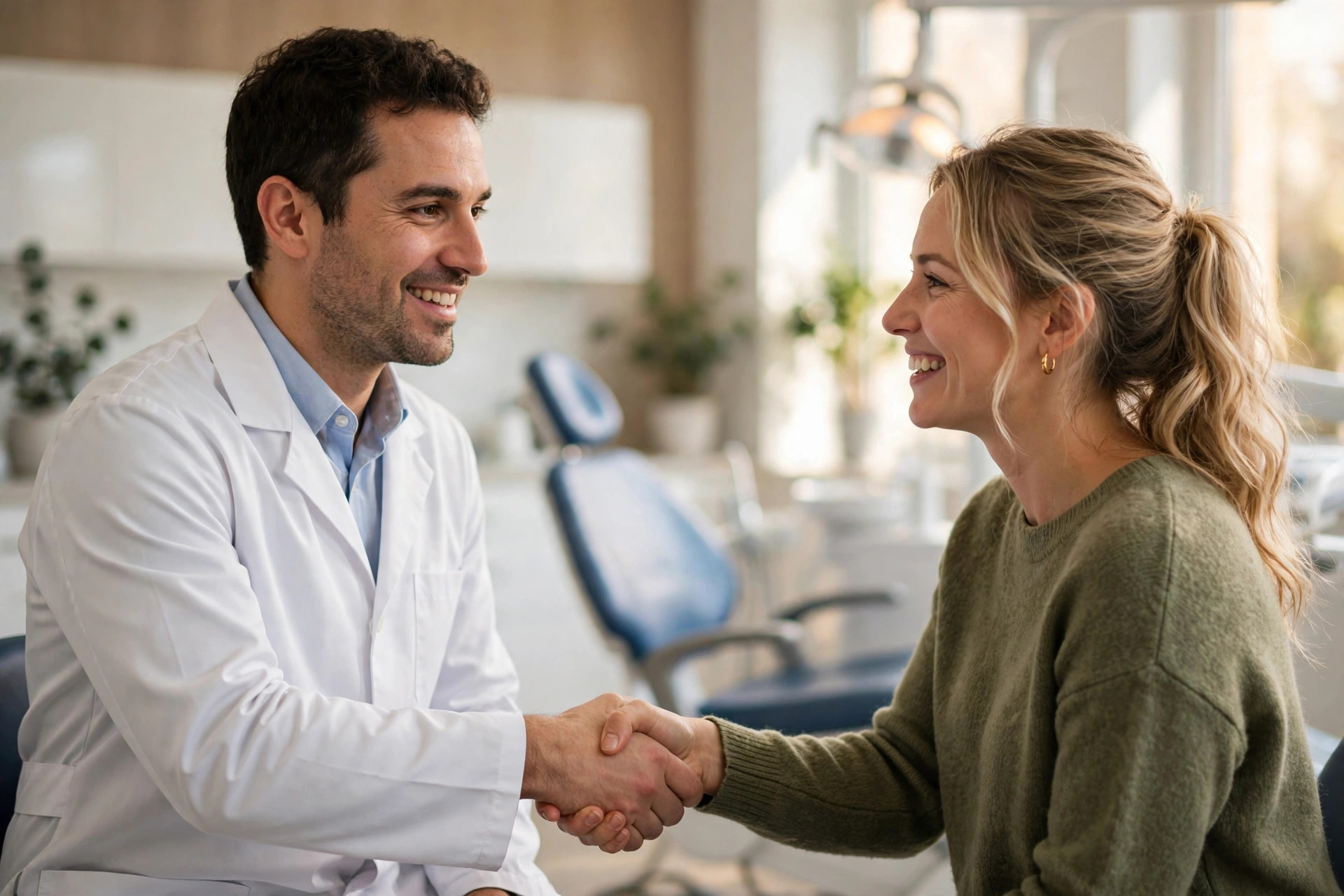 Friendly dentist greeting a smiling patient in a bright modern dental practice