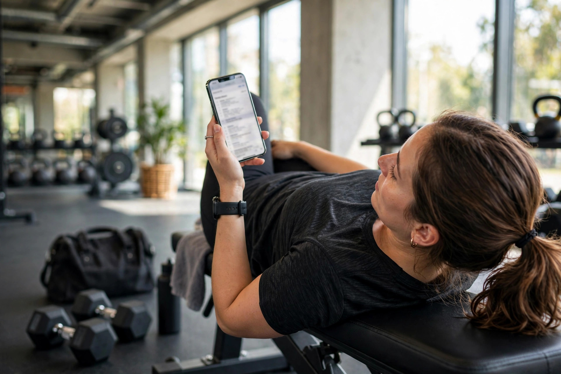 Person checking email on a smartphone while resting on a gym bench
