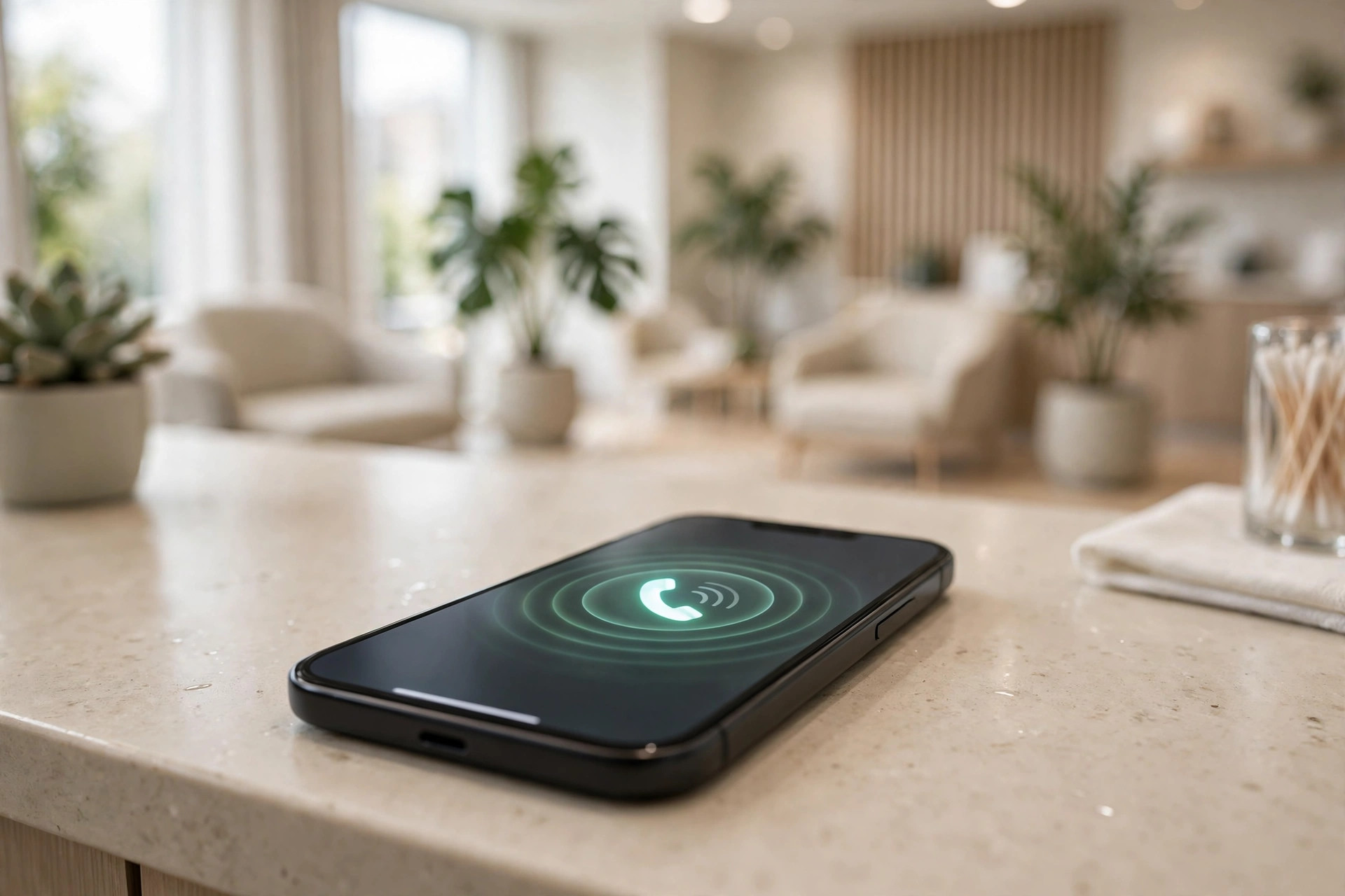 Smartphone ringing on a dental reception counter with a bright waiting area behind it