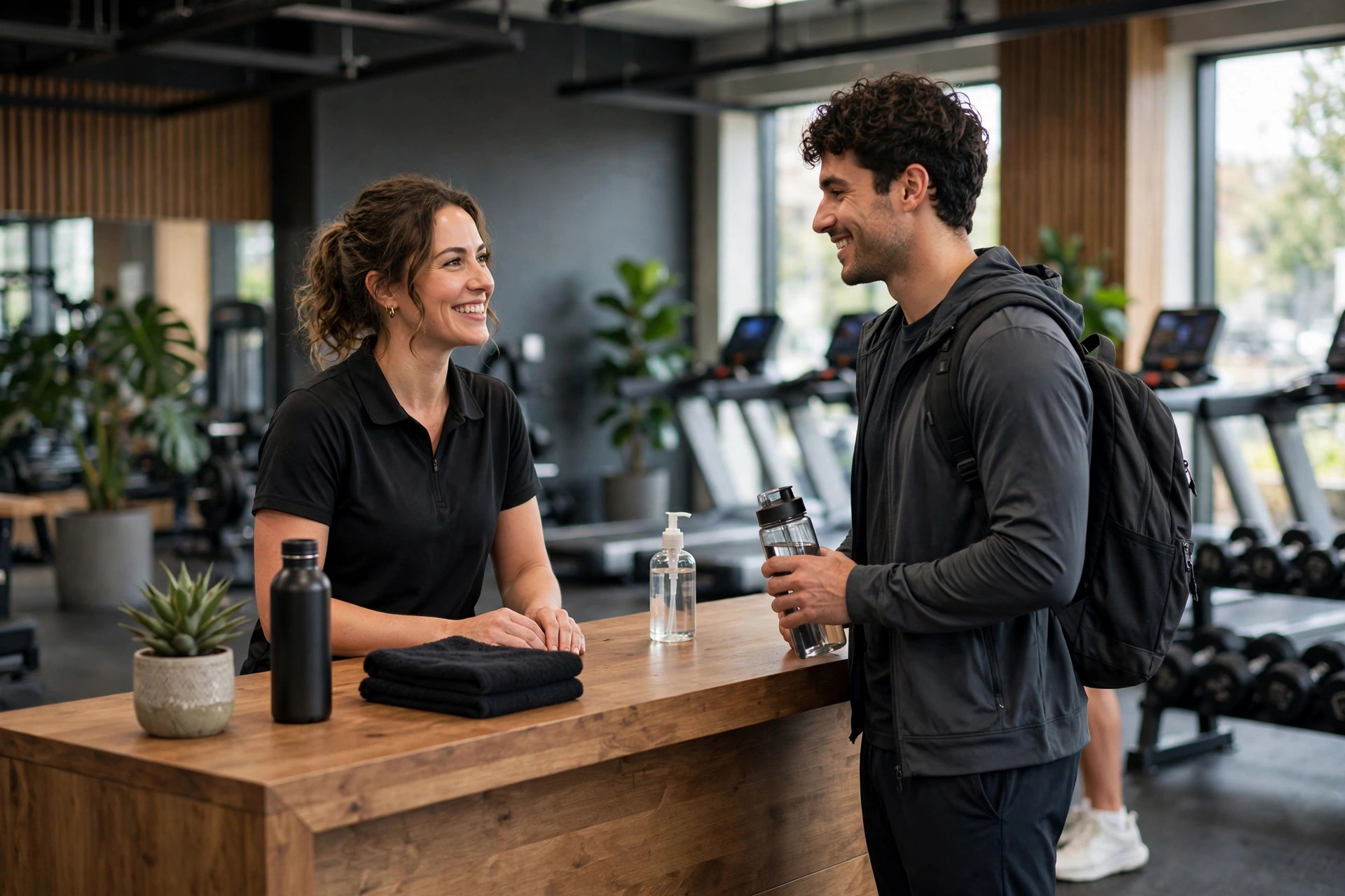 Gym front desk staff greeting a new member