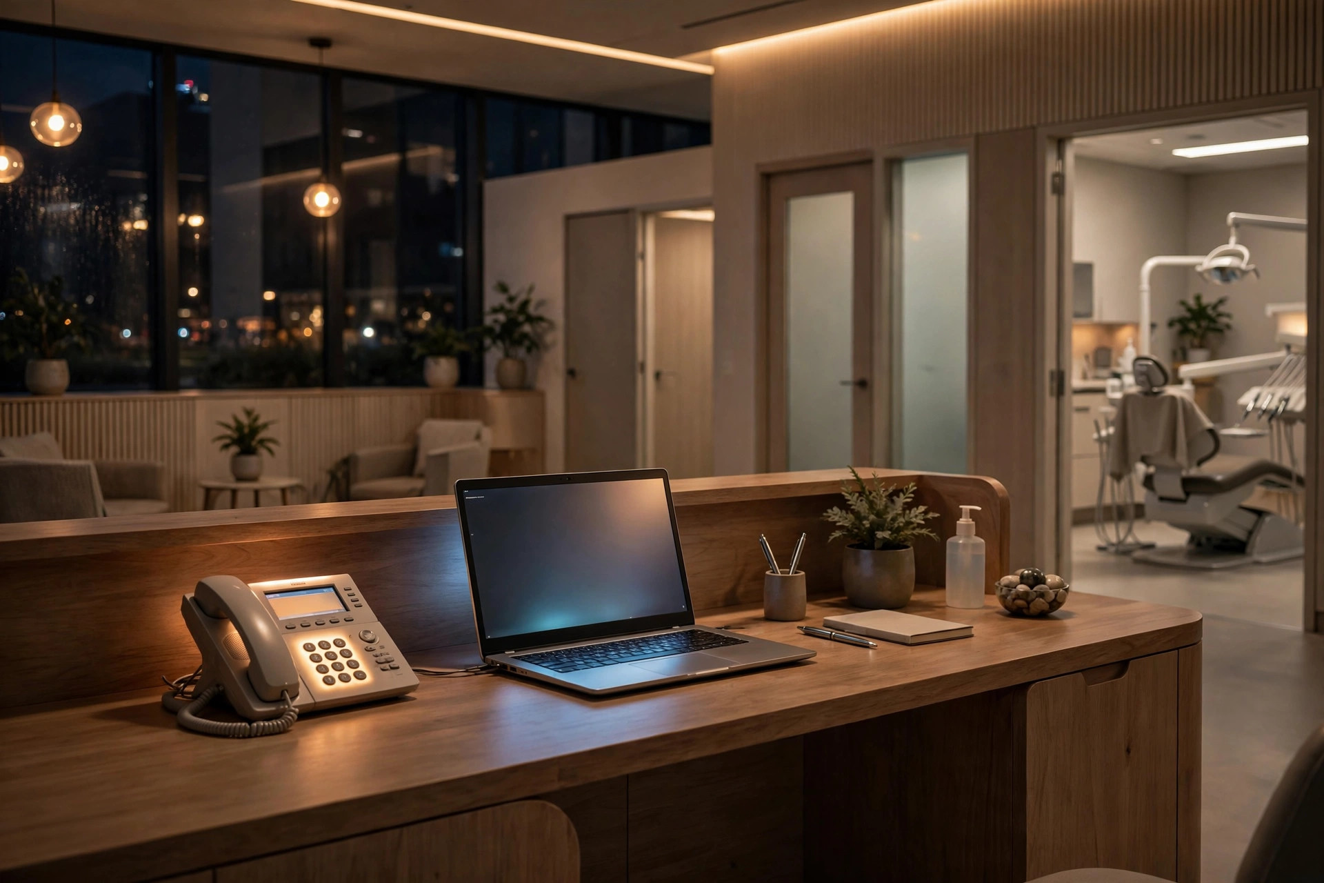 Quiet dental reception desk at night with a softly glowing phone