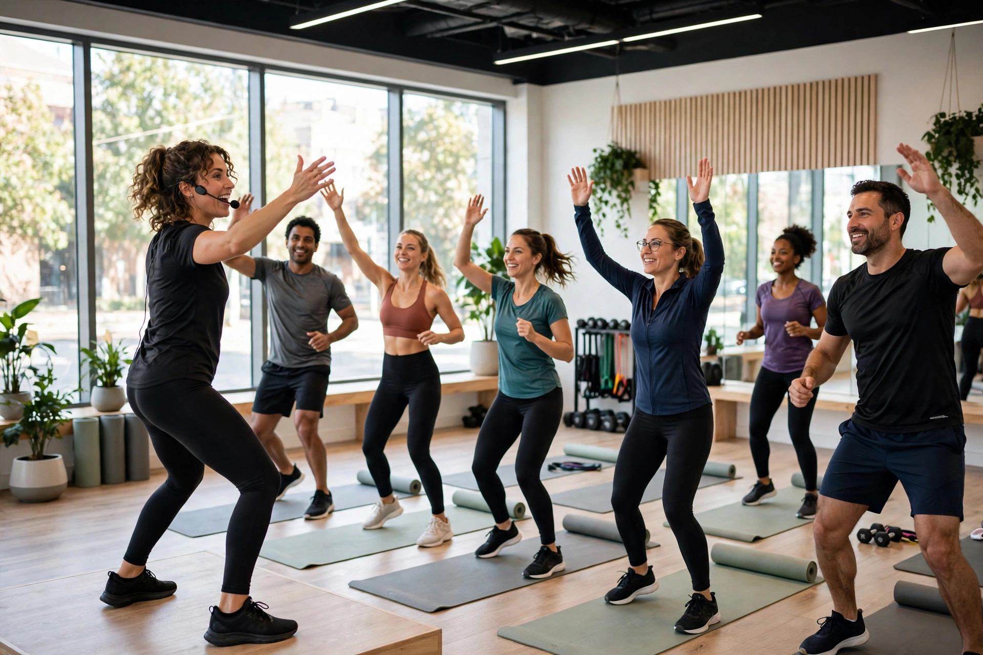 Group fitness in a bright modern studio