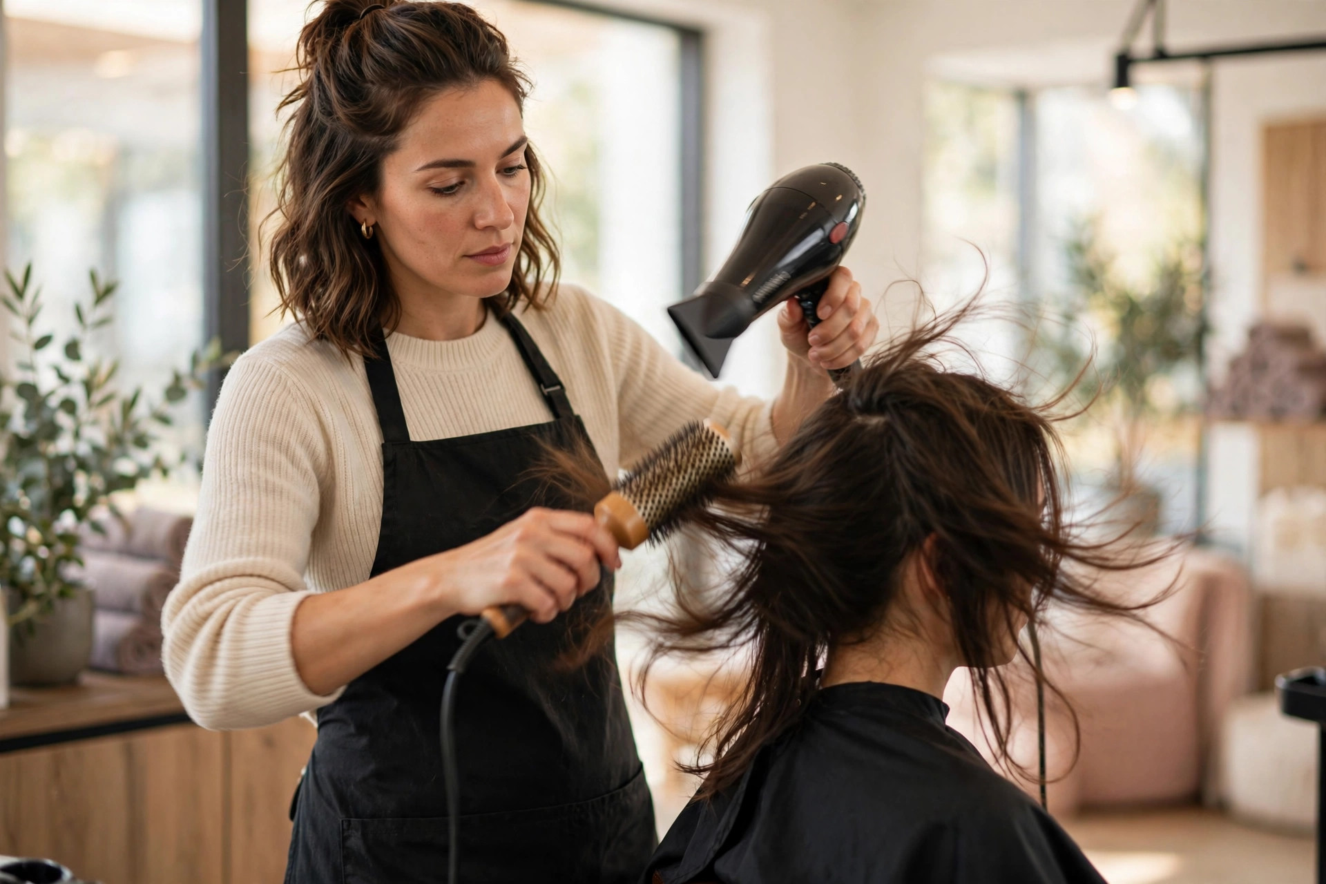 Hairstylist mid appointment working on a client's hair in a bright modern salon