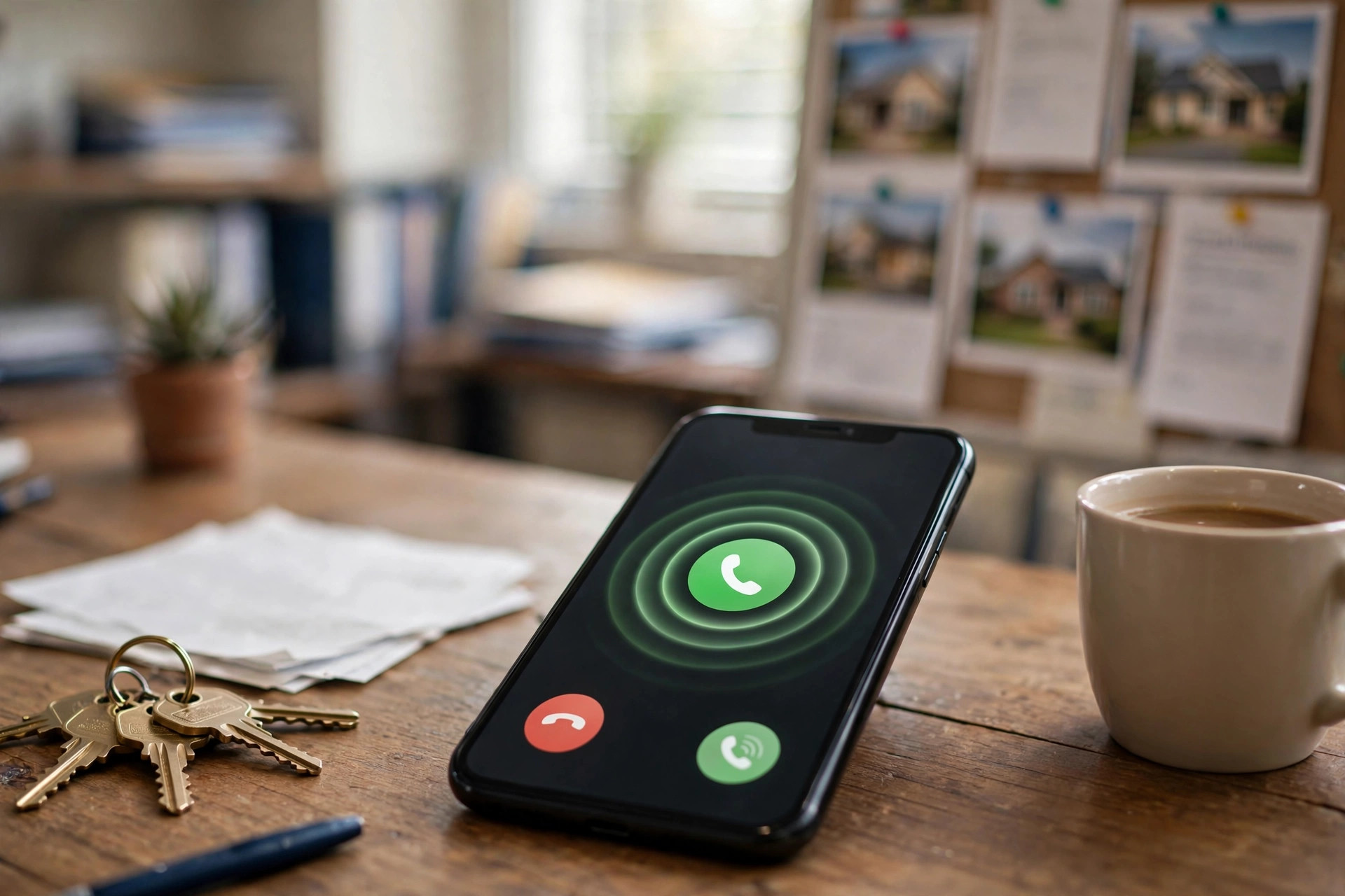 Missed Call Text-Back for Real Estate Agents: How It Saves Deals Smartphone ringing with an incoming call in a real estate office