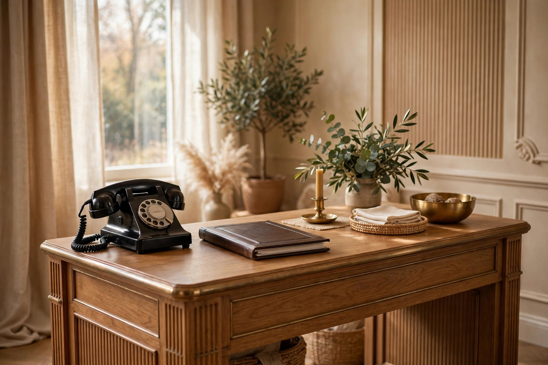 Salon reception desk with a telephone and appointment book in a stylish interior