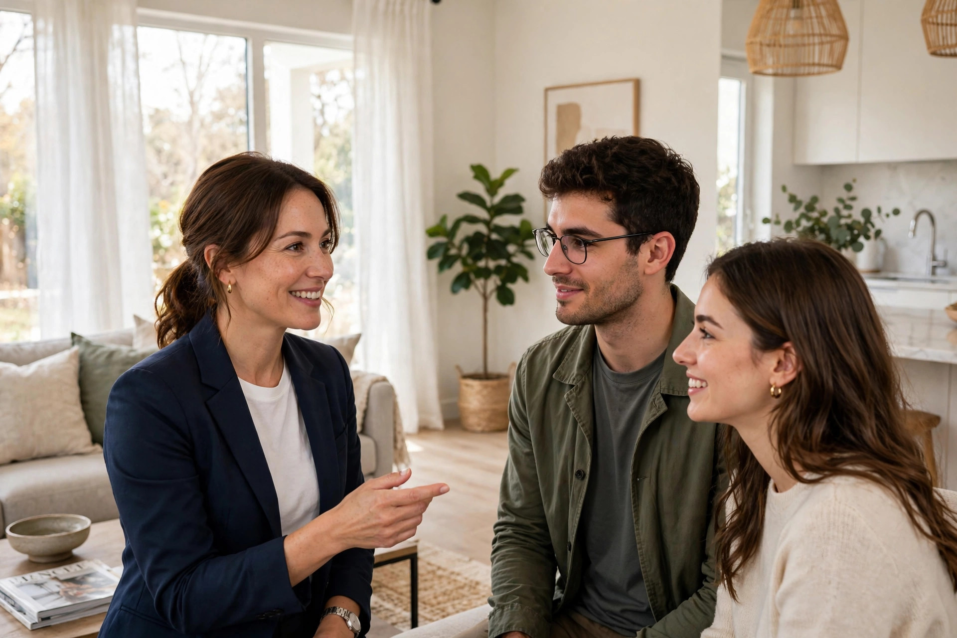 Missed Call Text-Back for Real Estate Agents: How It Saves Deals Real estate agent showing a home to a young couple