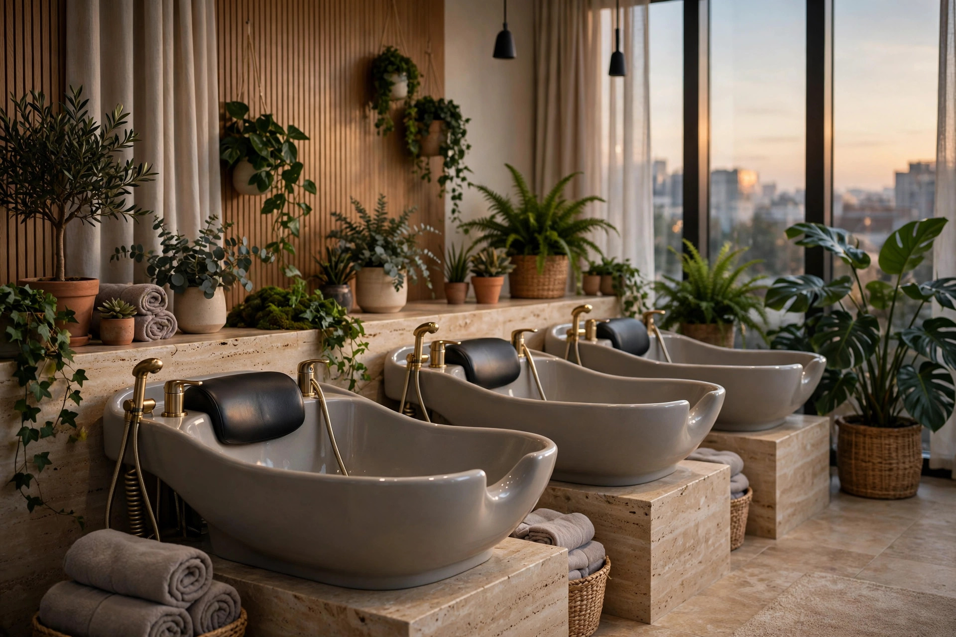 Calm salon wash station area with backwash sinks in soft evening light