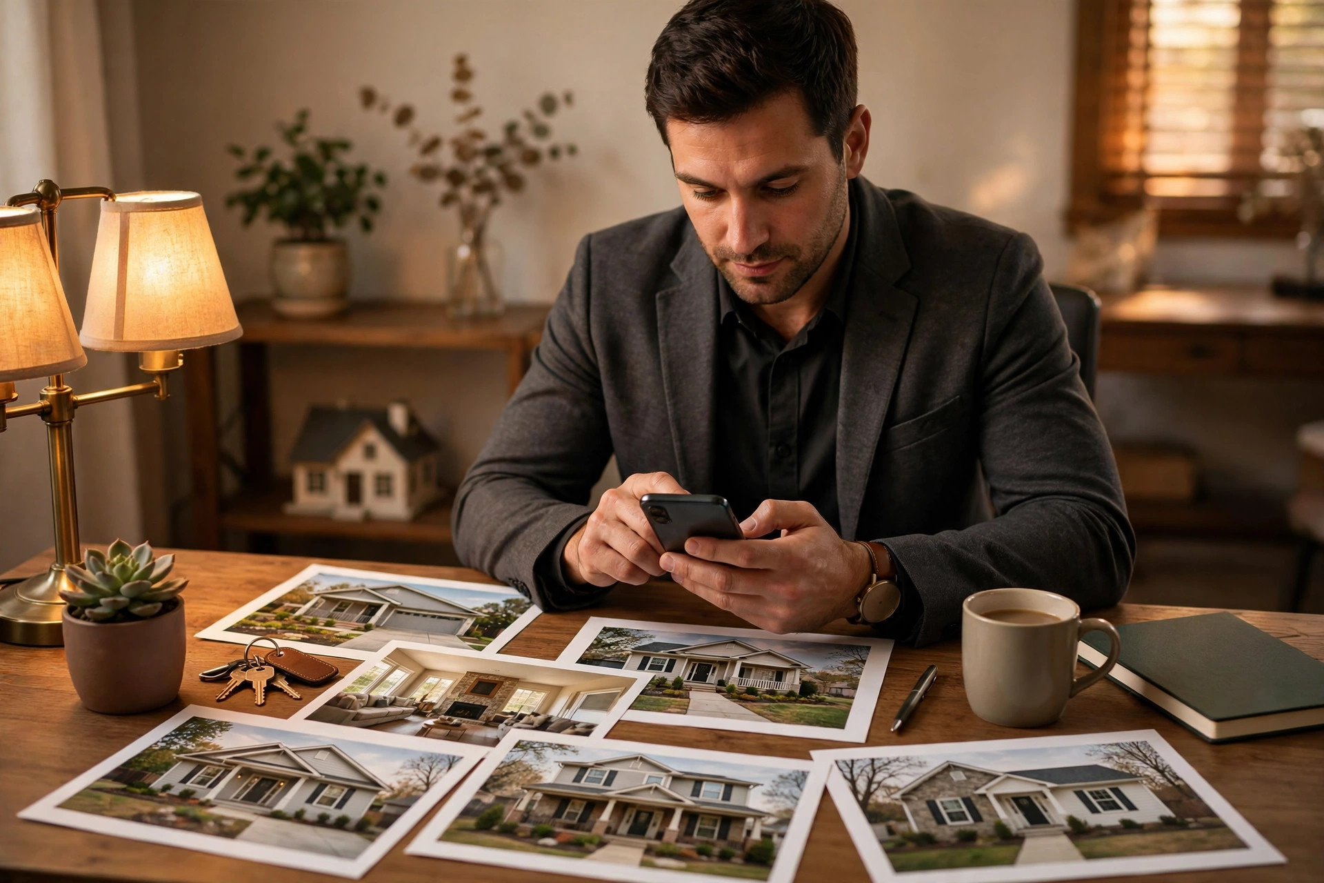 Missed Call Text-Back for Real Estate Agents: How It Saves Deals Real estate agent typing a text message at a desk with property photos