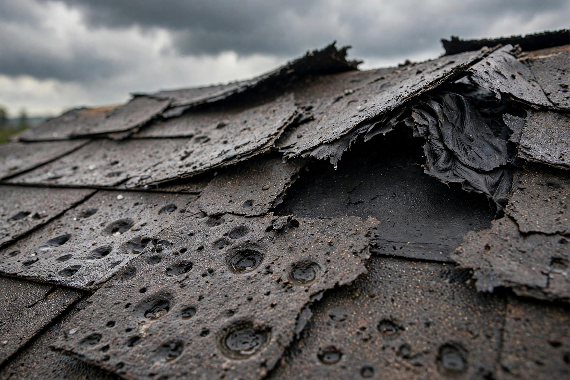 Close up of storm damaged asphalt shingles with hail impact marks