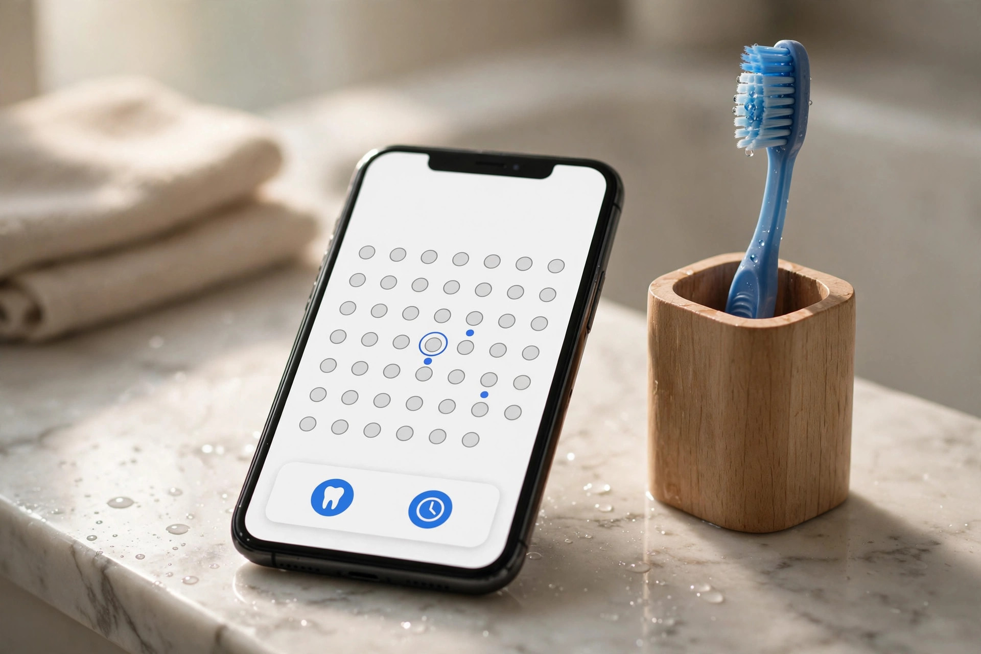 Smartphone with dental appointment reminder on a bathroom counter